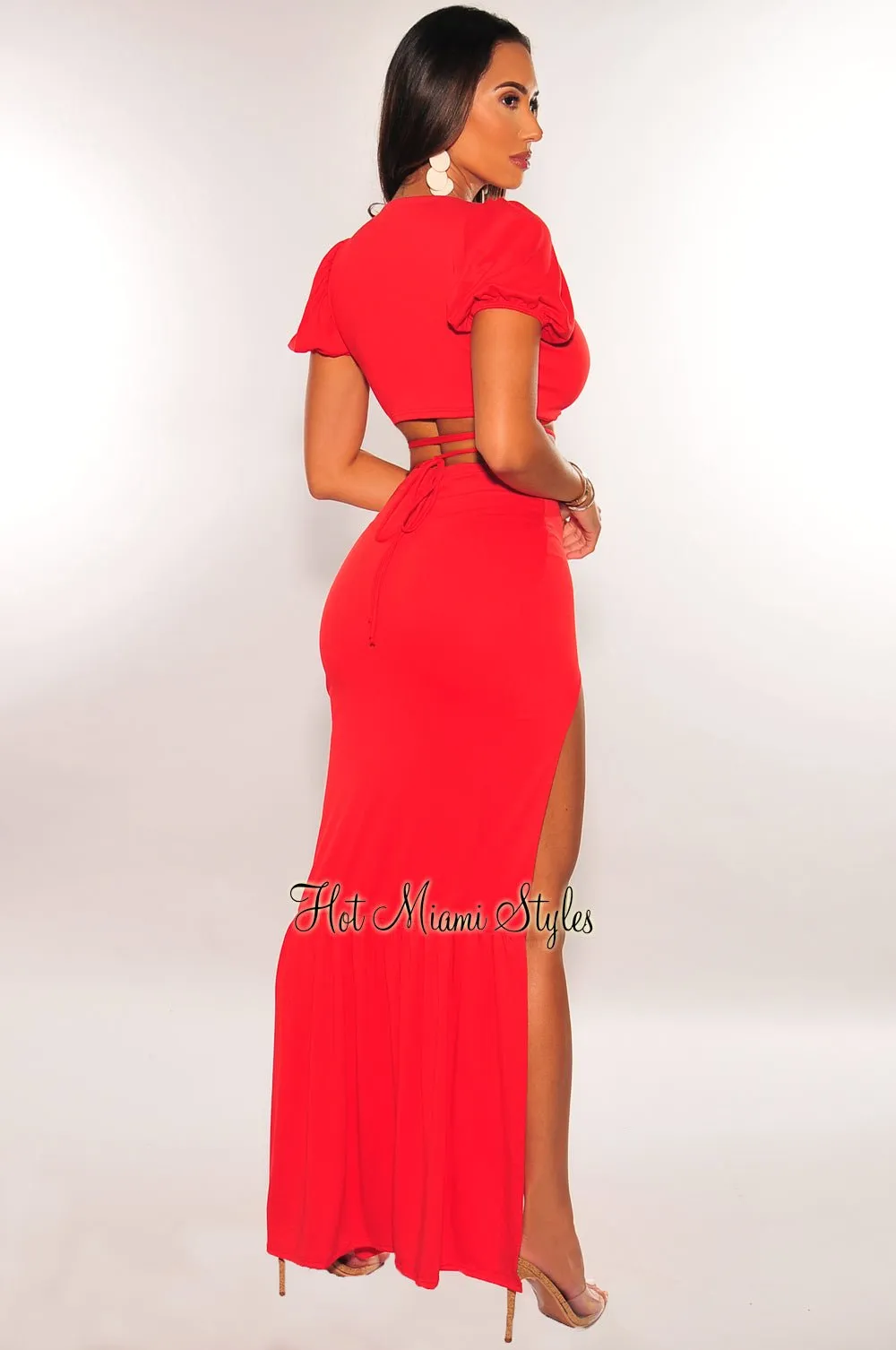 Red Wrap Around Slit Ruffle Skirt Two Piece Set