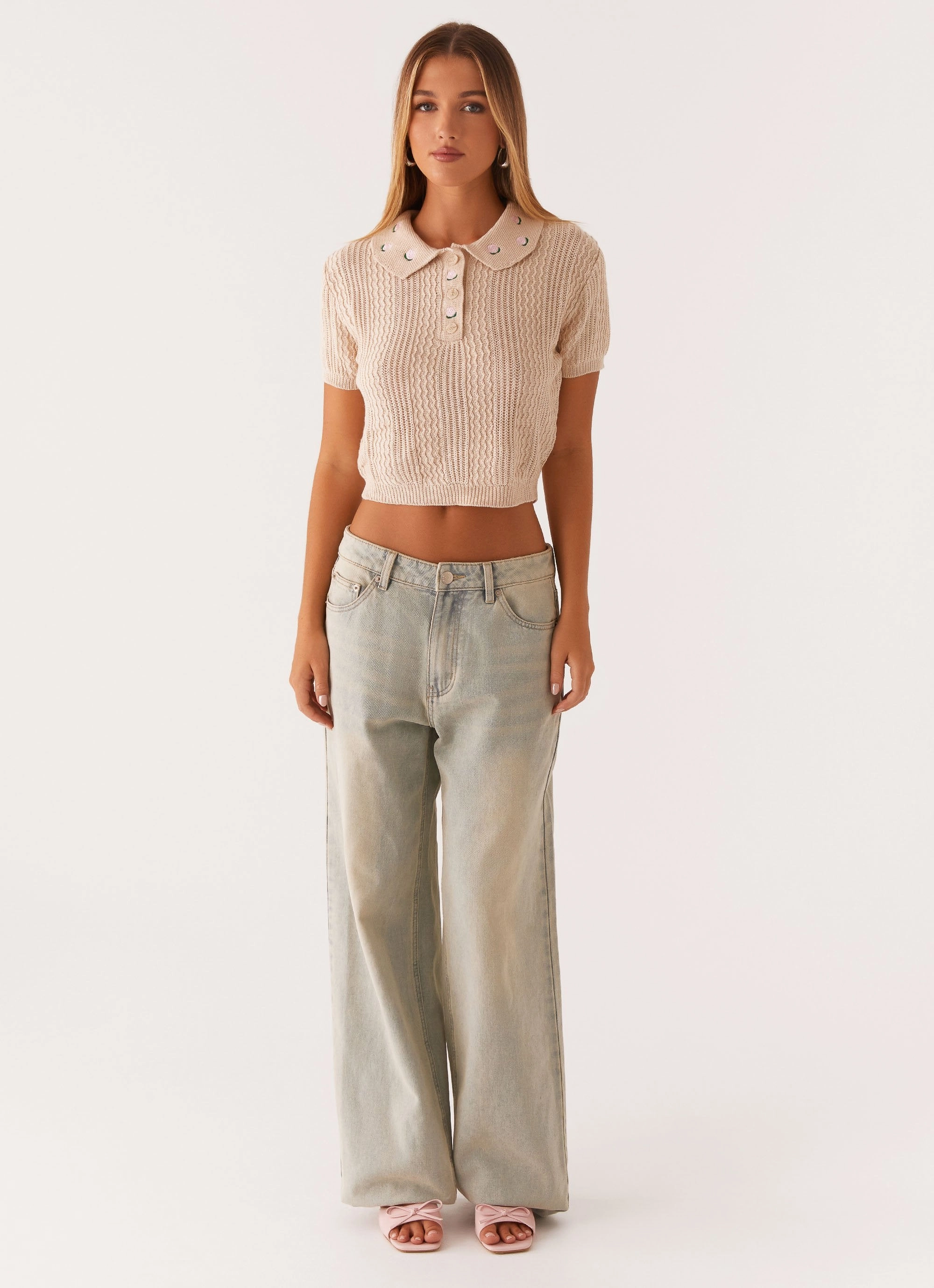 HighNeckCut Aubrielle Knit Collar Top - Cream