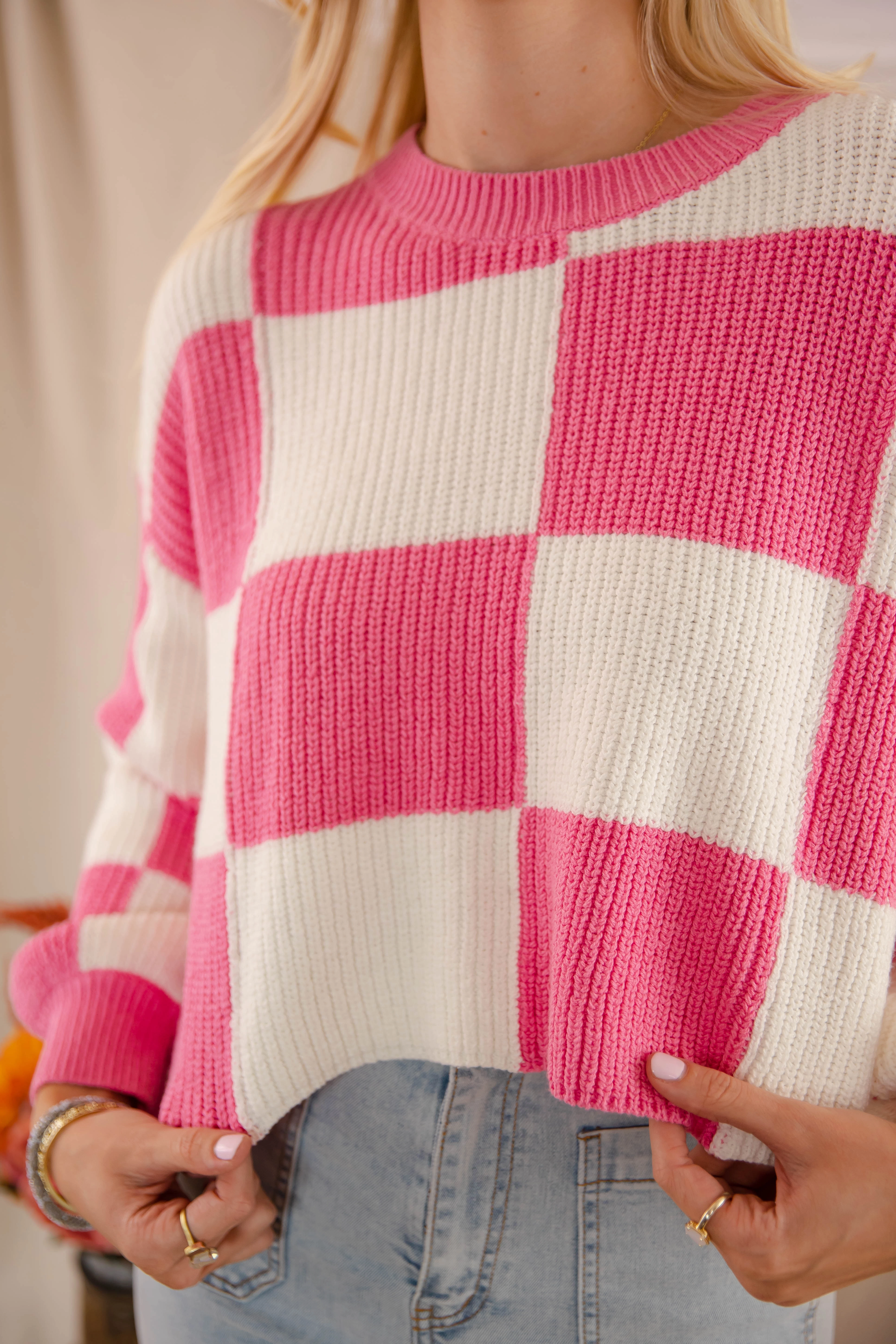 Reinforced Buttonholes DurableZipper Checking Off the Boxes Sweater-Pink