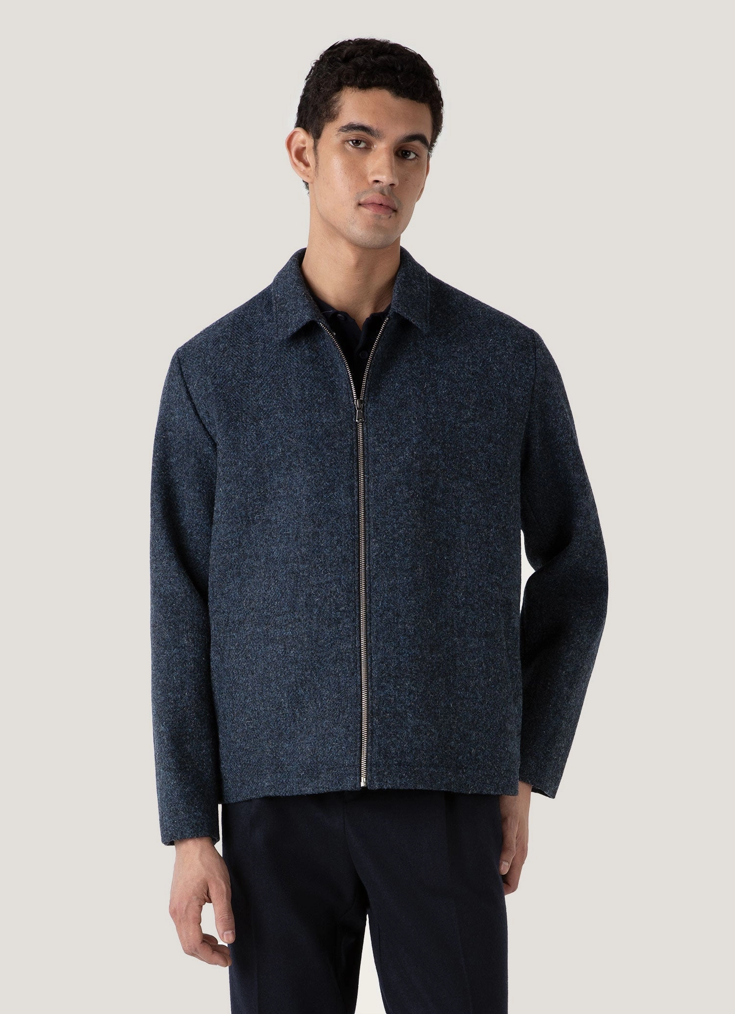 Men's Harris Tweed Harrington Jacket in Blue Herringbone Sporty Protection