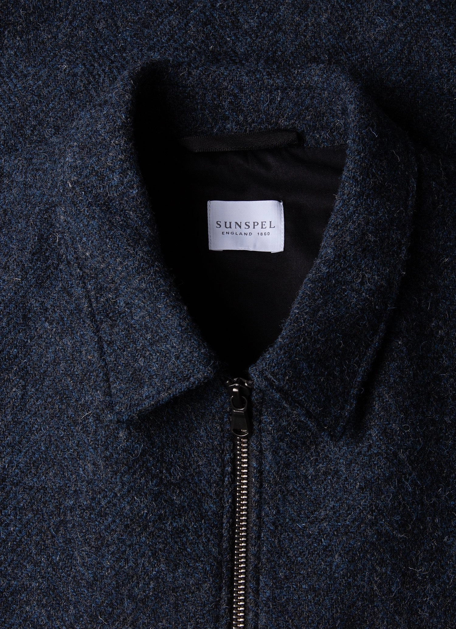 Men's Harris Tweed Harrington Jacket in Blue Herringbone Warm Outer Layer suitable for runway events