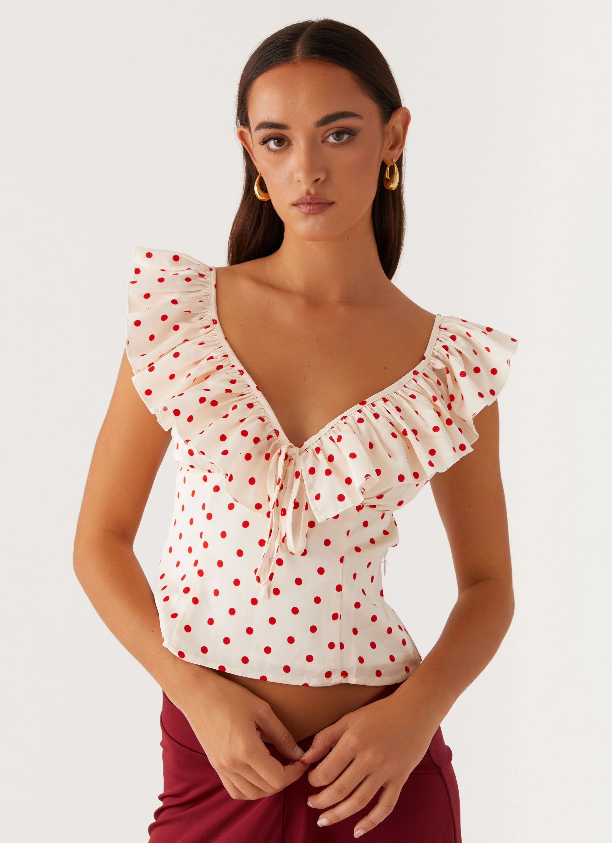 AntiSnag Fabric ShockAbsorbing Regan Ruffle Top - Red Polka Dot