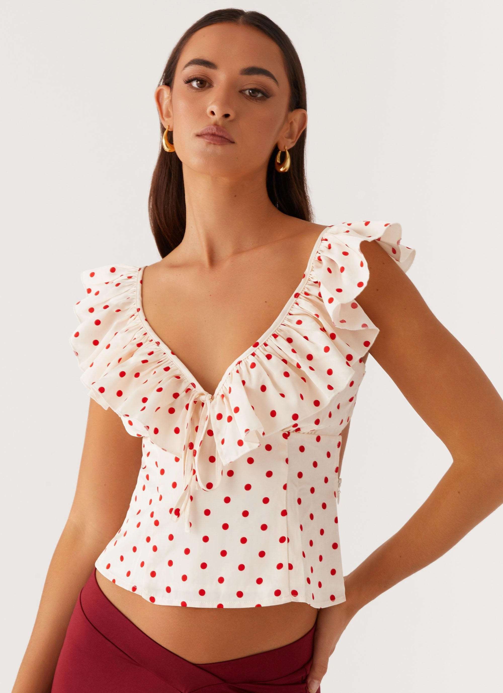 Regan Ruffle Top - Red Polka Dot UltraSoftLining YarnDye Technique