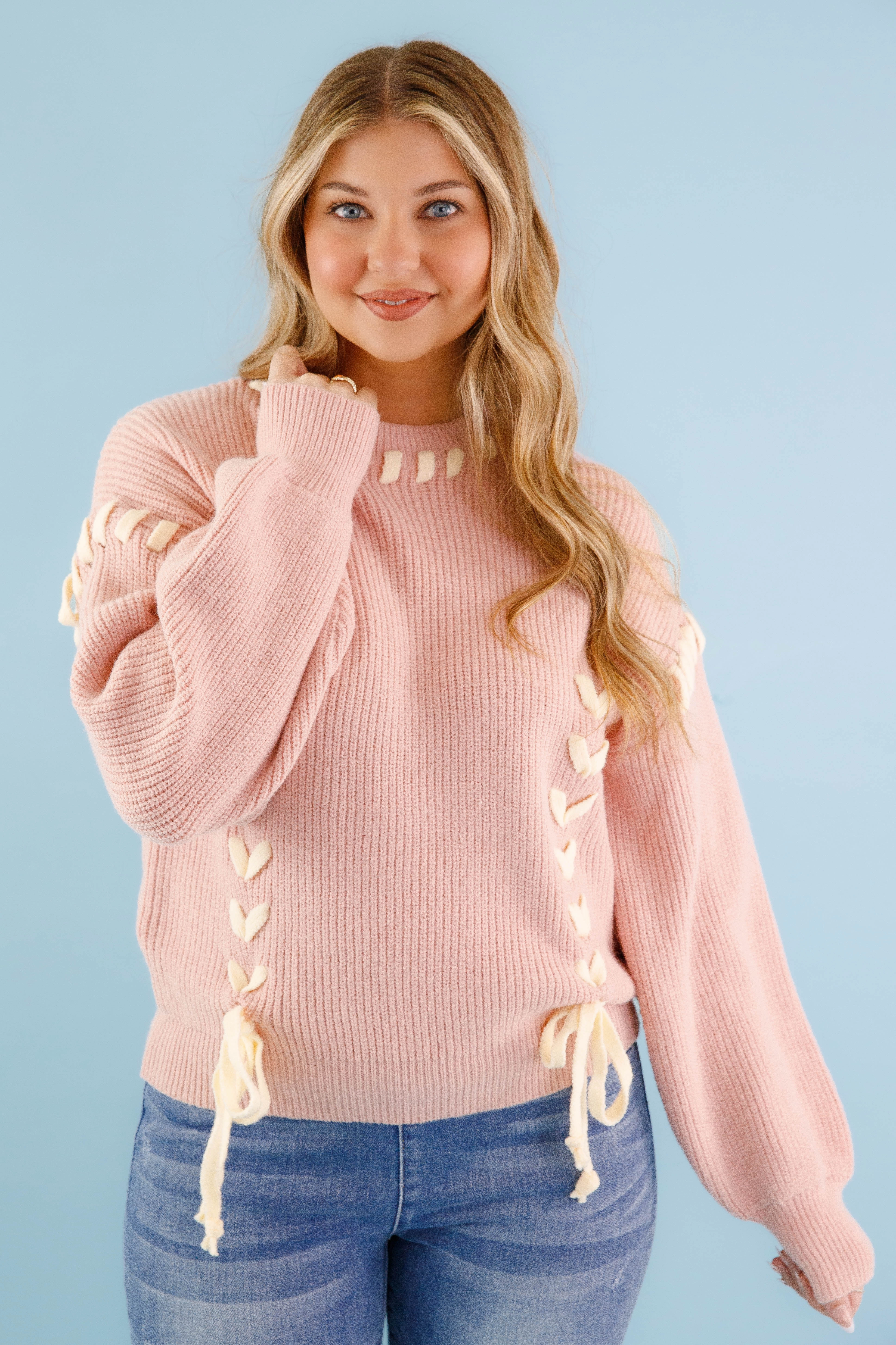 Textured Weave Pattern Moment In Time Sweater-Blush