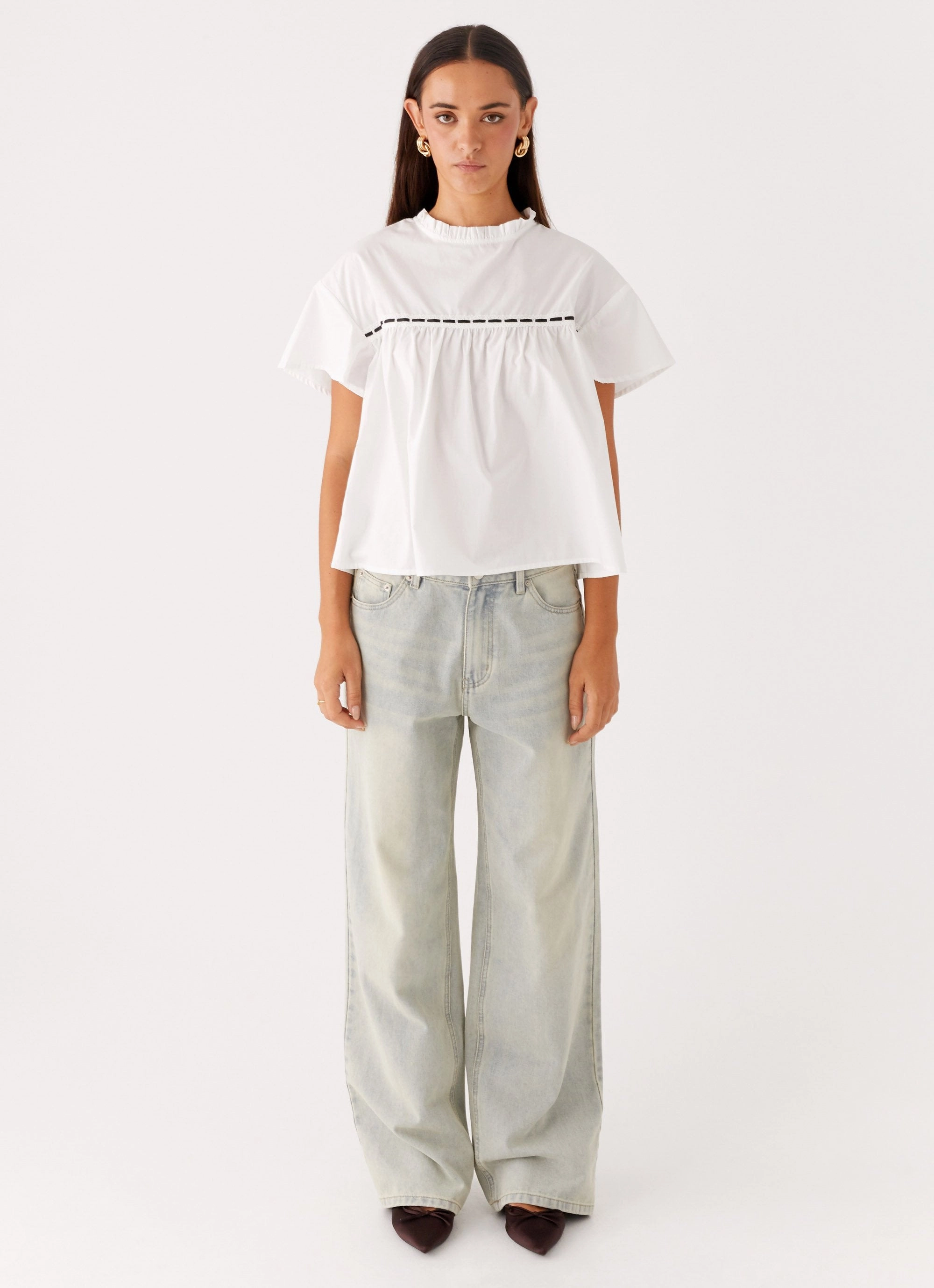 Lila Babydoll Top - White Wrinkle Resistant Texture