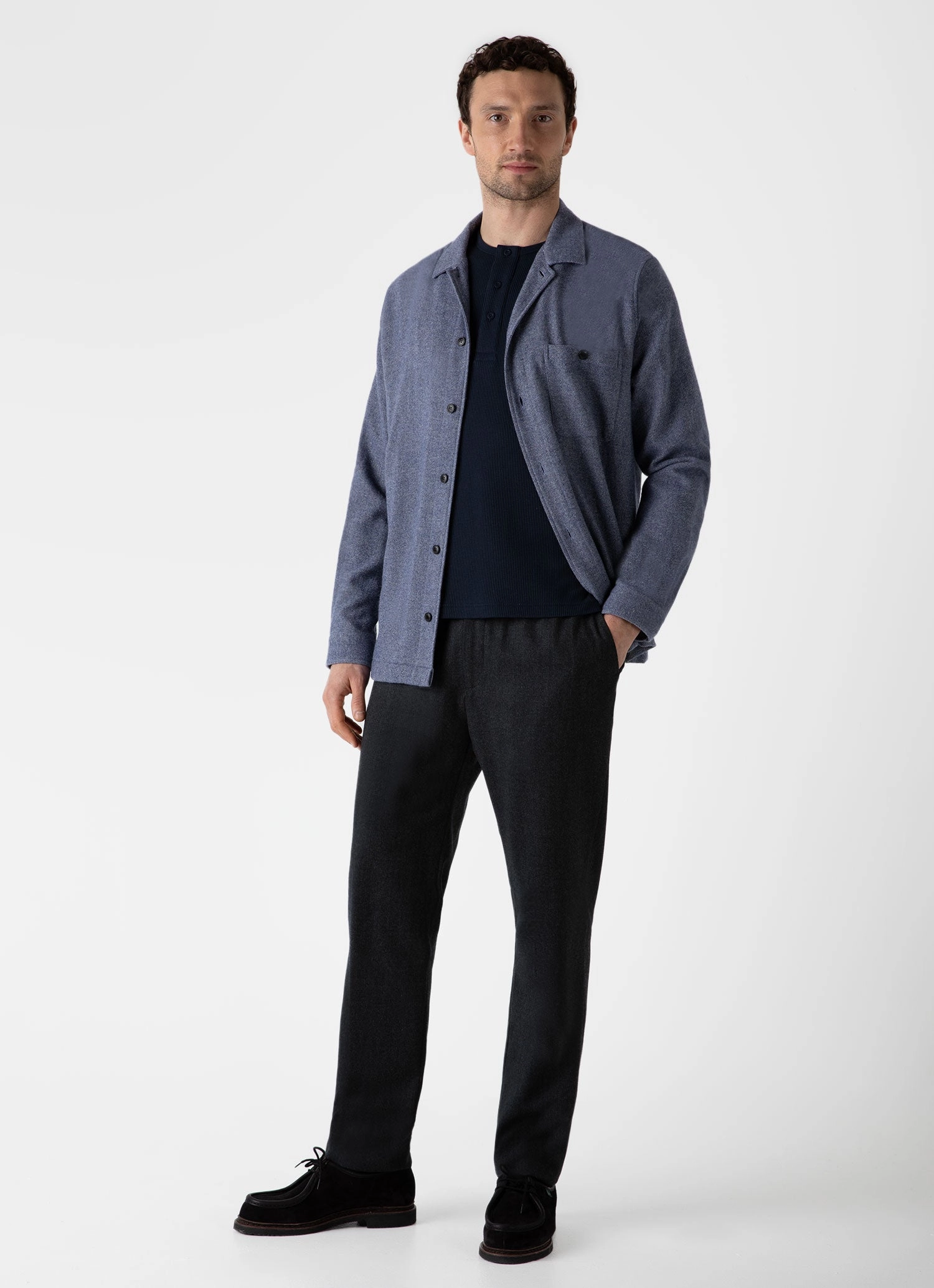 Men's Long Sleeve Waffle Henley in Navy Embroidered Compact Stitch Pattern