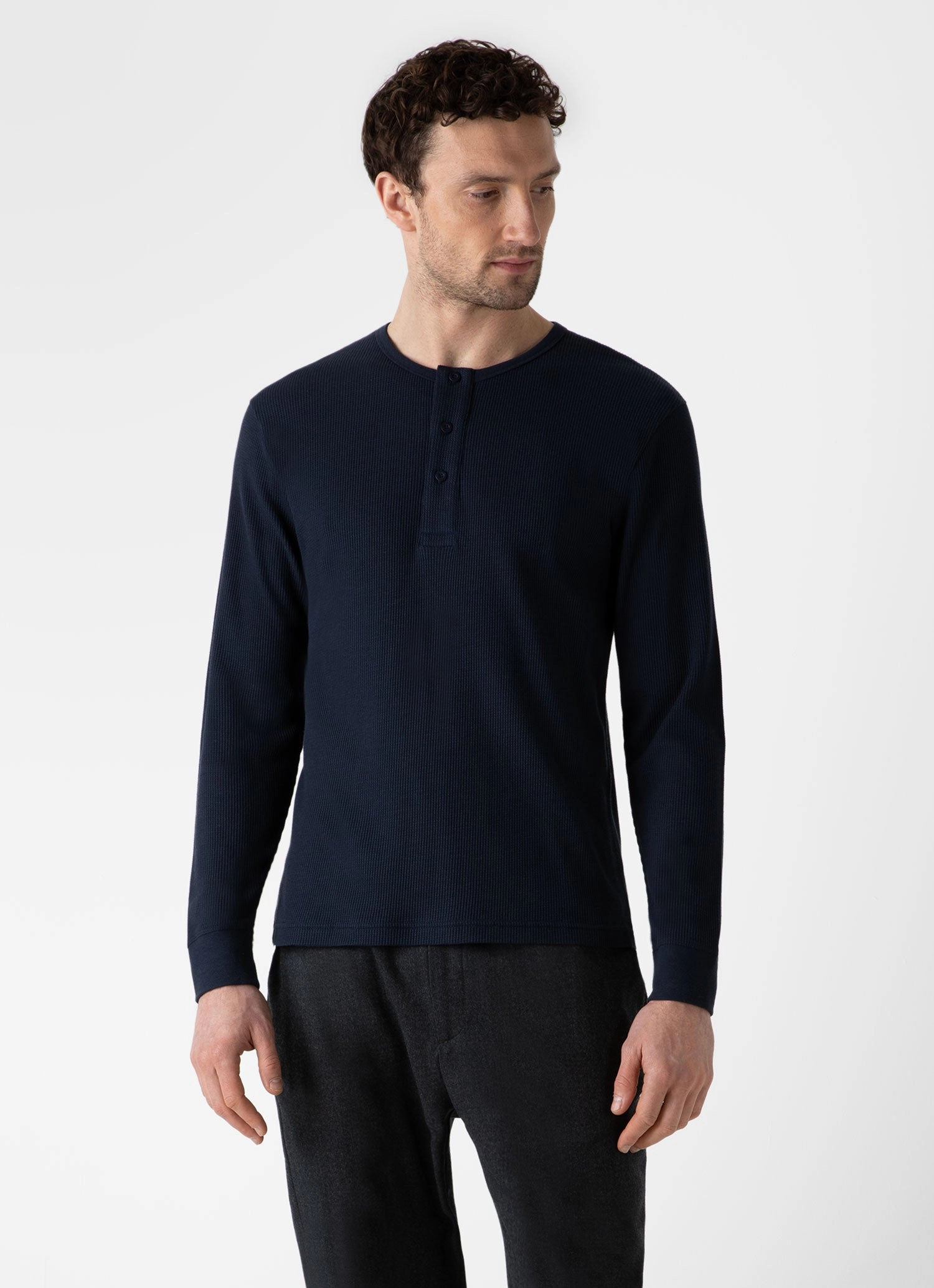 Chic Wearable Men's Long Sleeve Waffle Henley in Navy