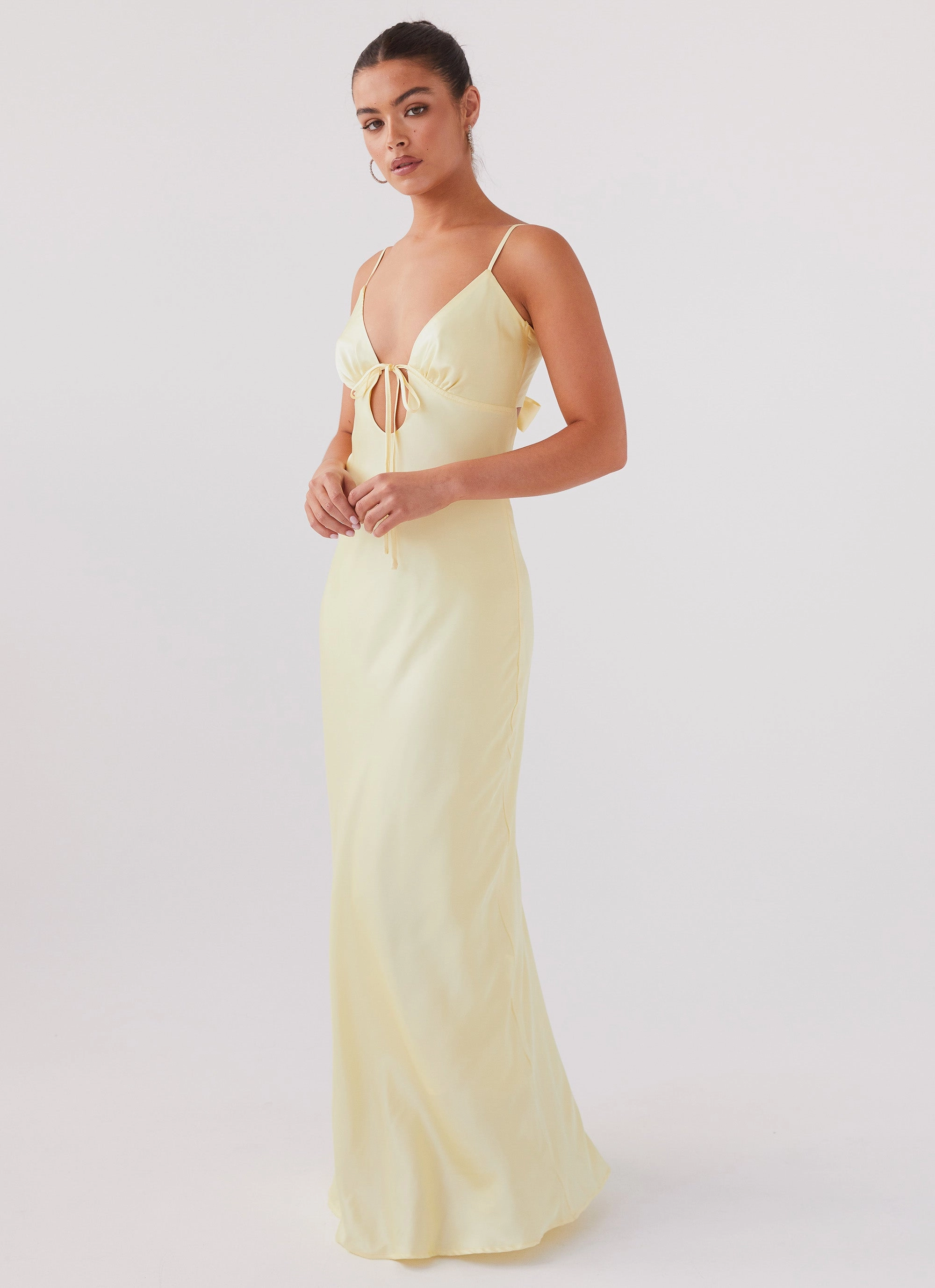 Flora Satin Maxi Dress - Lemon Petite friendly