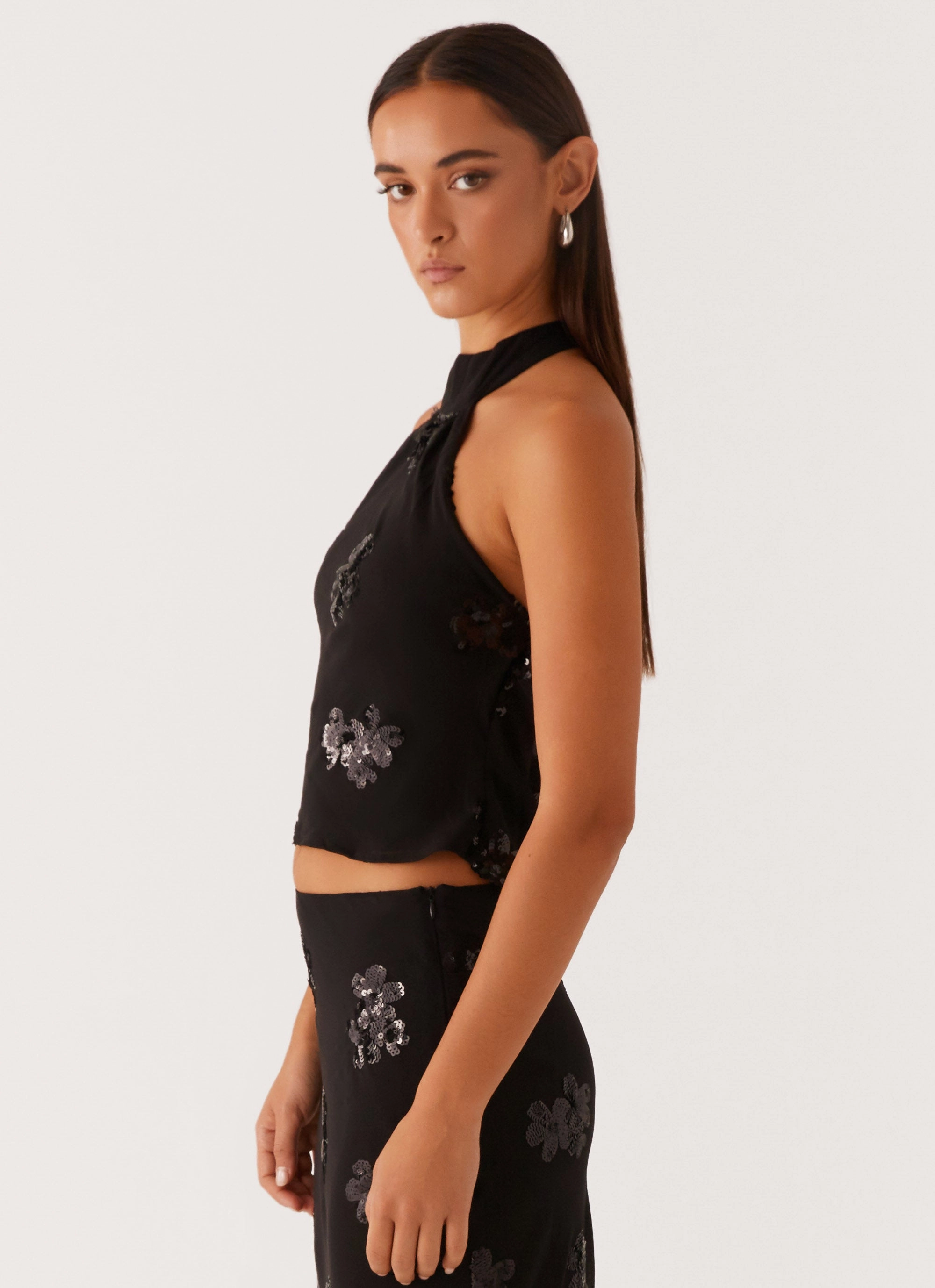 Cillian Sequin Halter Top - Black LowProfile Zipper