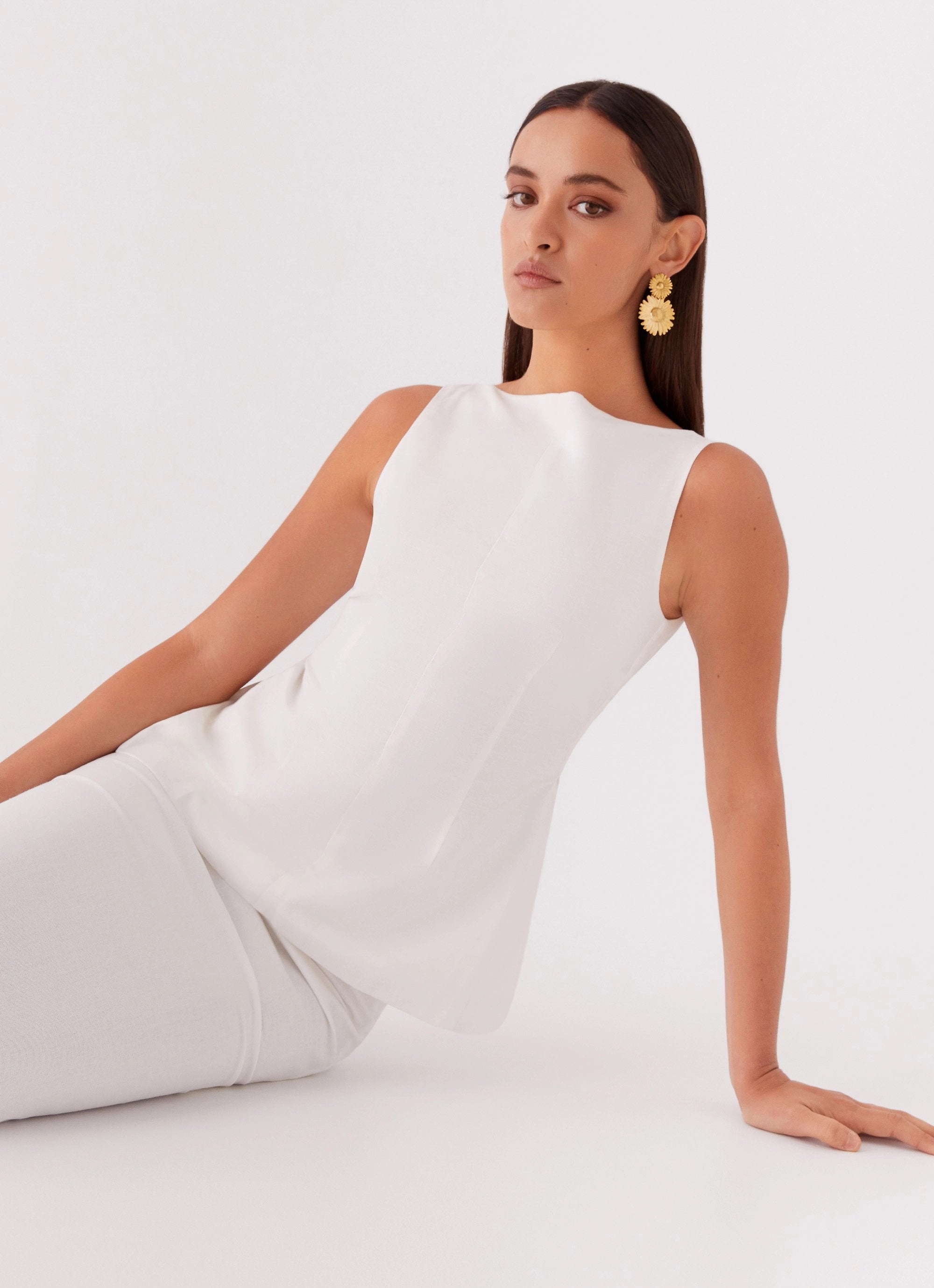 Mooney Linen Top - White Minimalist Silhouette Cut NonIrritating Stitching