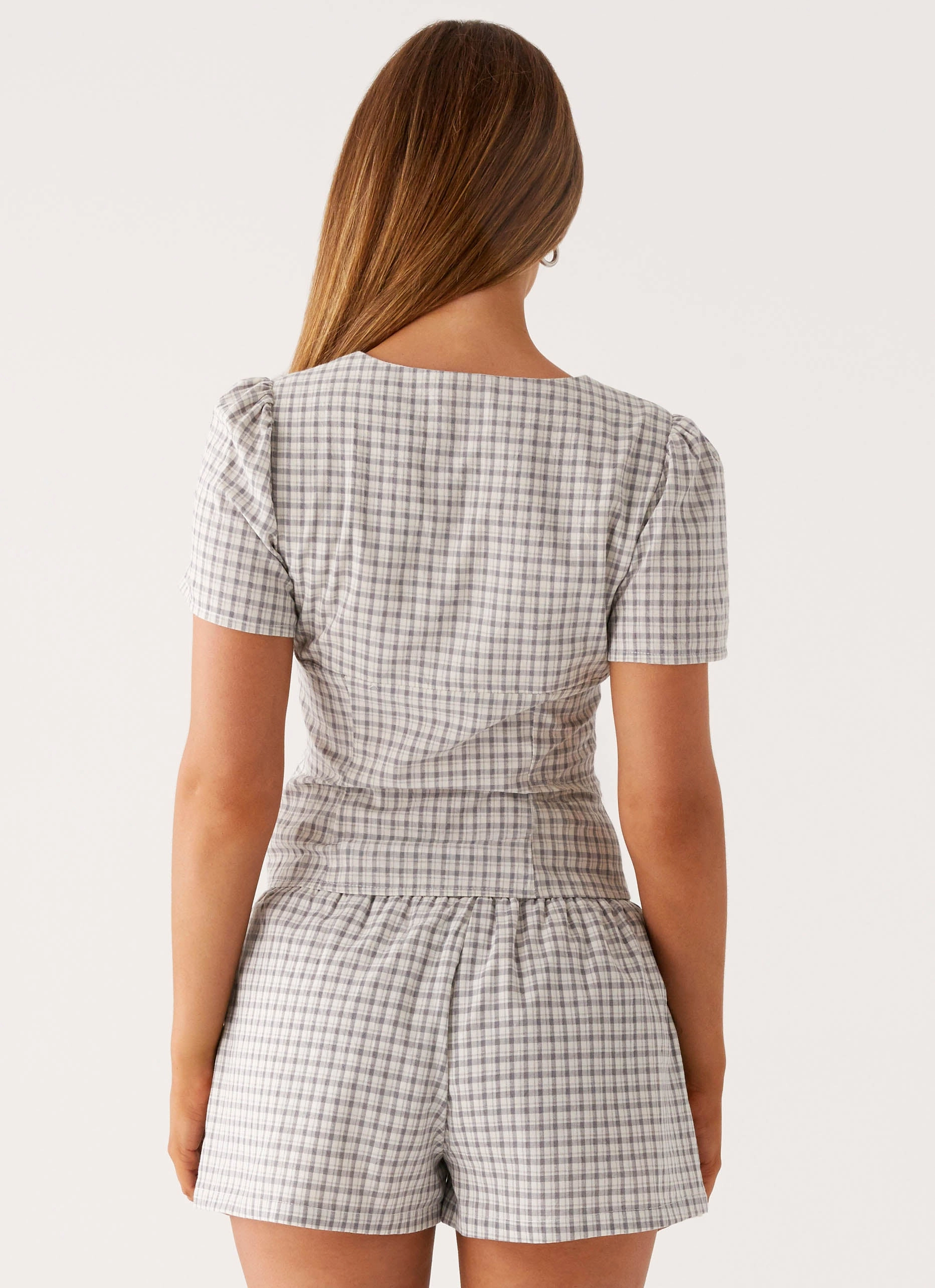 Adalina Button Up Top - Grey Check Soft Sweater Double Layered Hem Reinforcement