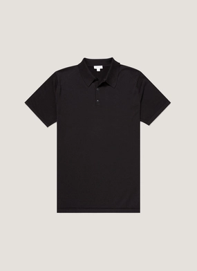 SoftCheckered Weave Chic Comfort Men's Sea Island Cotton Knit Polo Shirt in Black