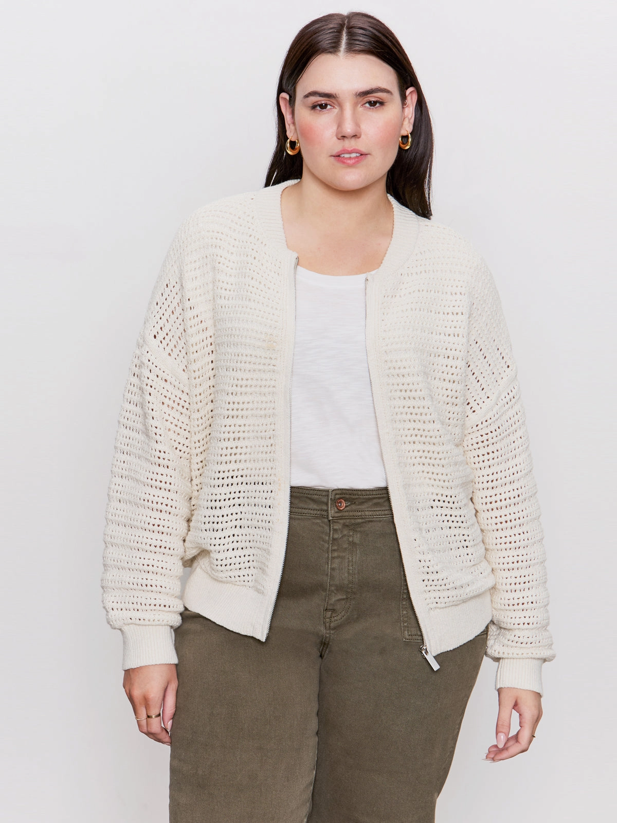 Open Knit Bomber Jacket Chalk Extended Sizing Magnetic Closure