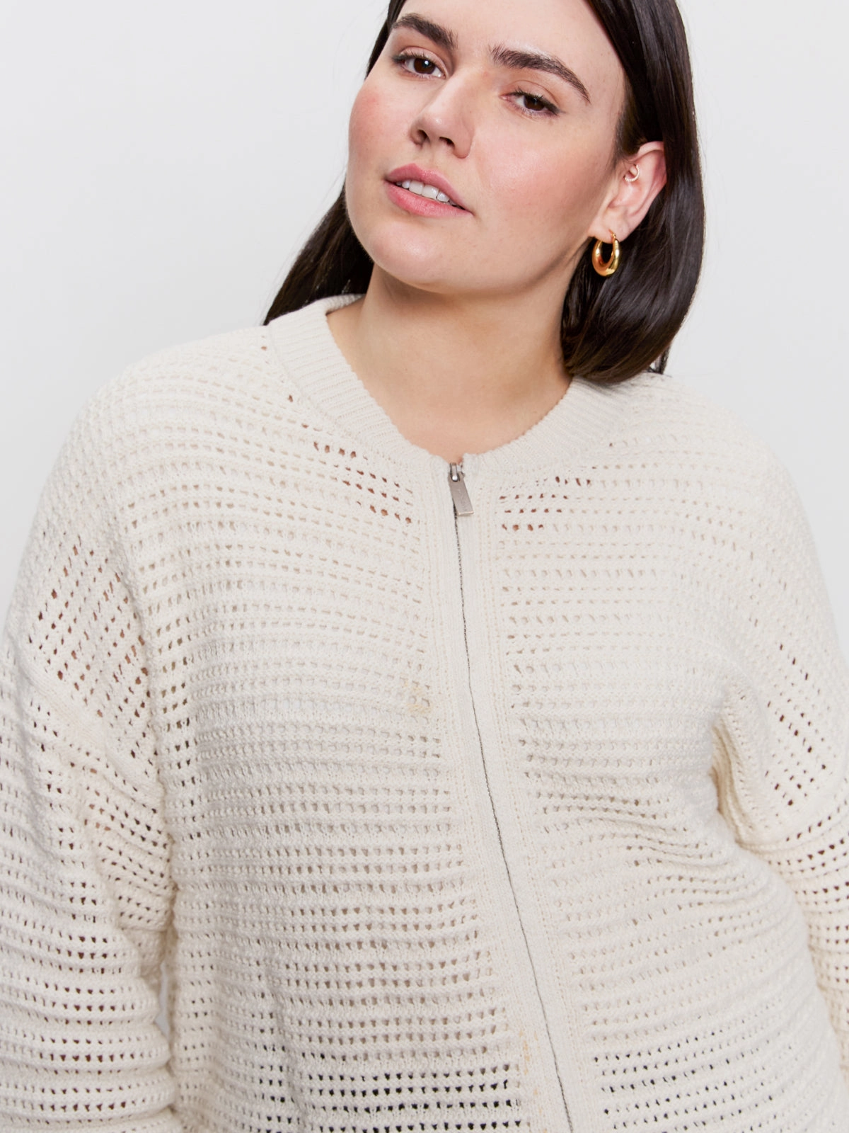 Modern Basic Daily Comfort Open Knit Bomber Jacket Chalk Extended Sizing