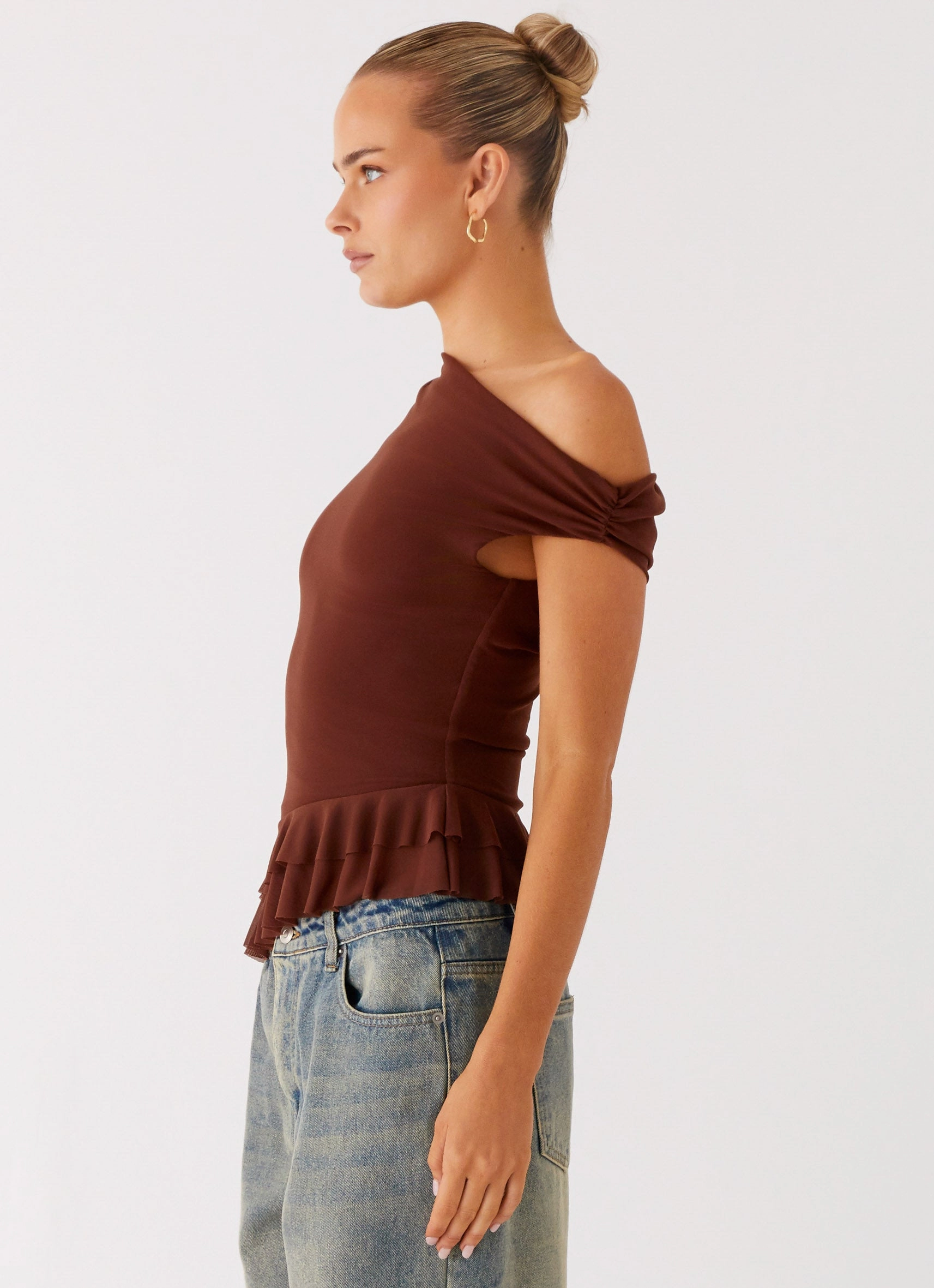 Casual Long Sleeve Interlock Stitching Mica Top - Chocolate