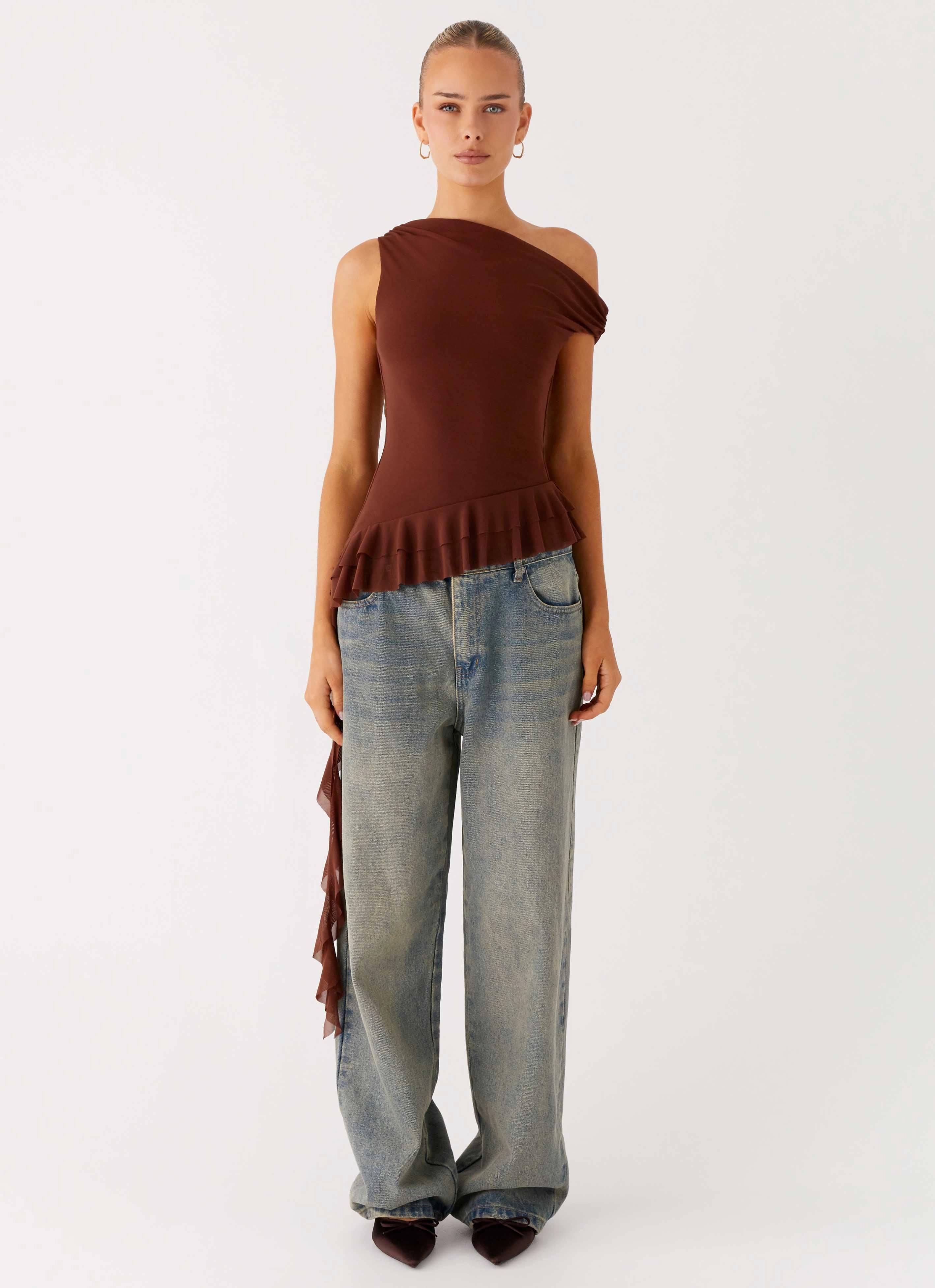 Petal Sleeve Architecture DoubleNeedle Stitching Mica Top - Chocolate