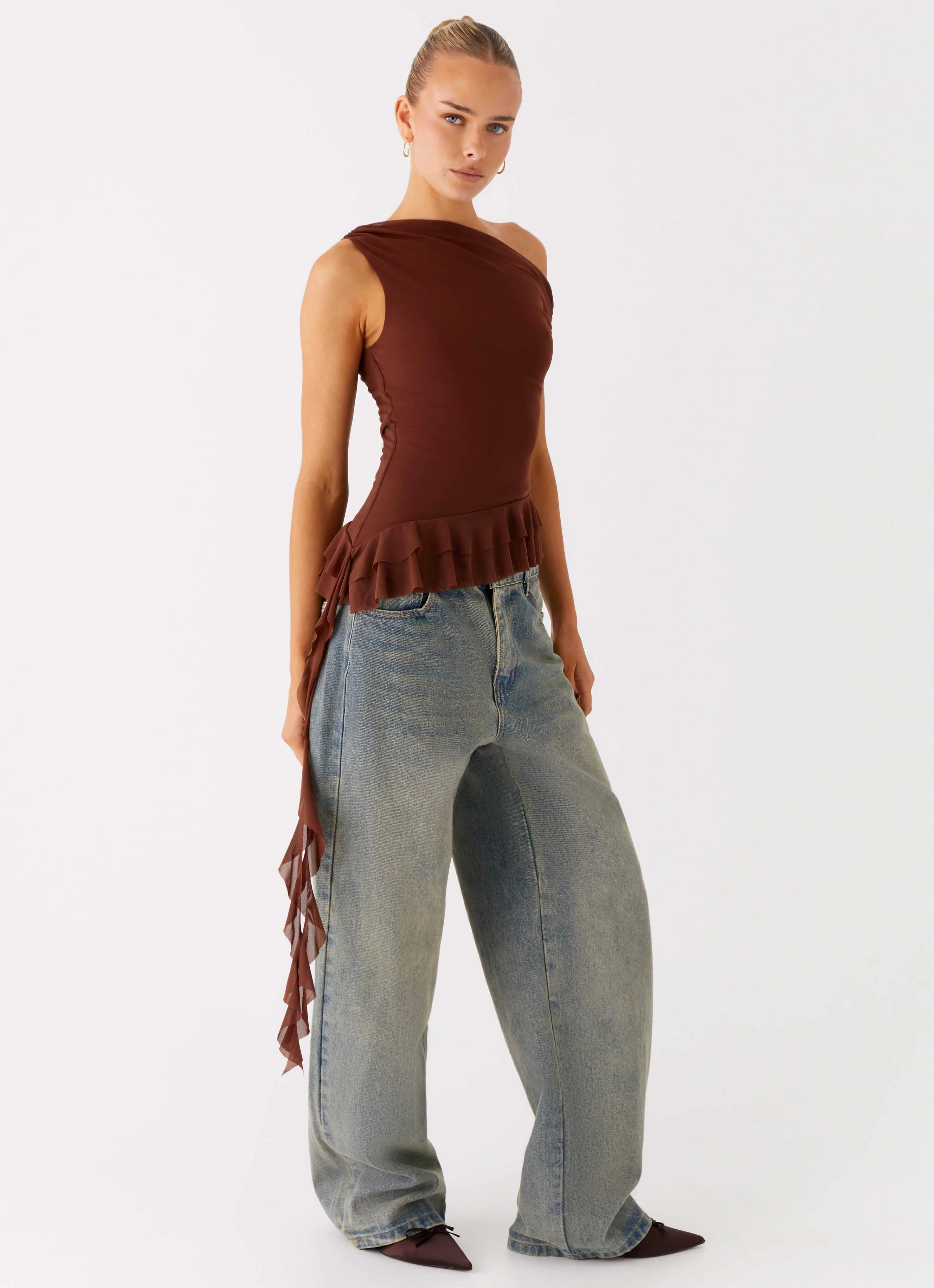 Stretch Waistband Design ThermalInsulation Mica Top - Chocolate