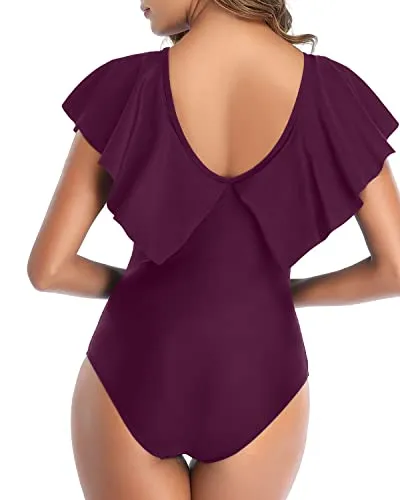 Removable Padded Push Up Bras One Piece Swimsuit For Women-Maroon