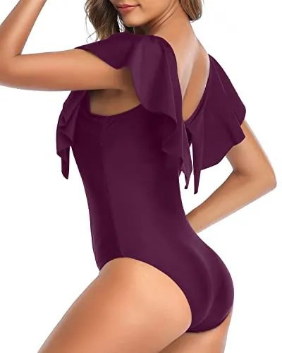 Removable Padded Push Up Bras One Piece Swimsuit For Women-Maroon