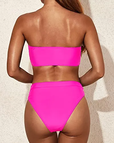 Removable Padding Bra Bikini Women Two Piece Bandeau Swimsuit-Neon Pink