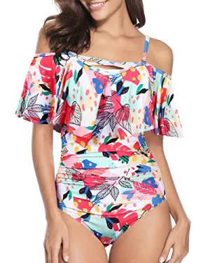 Removable Spaghetti Shoulder Strap Swimsuits Cute Bathing Suits For Women-Colorful Leaves