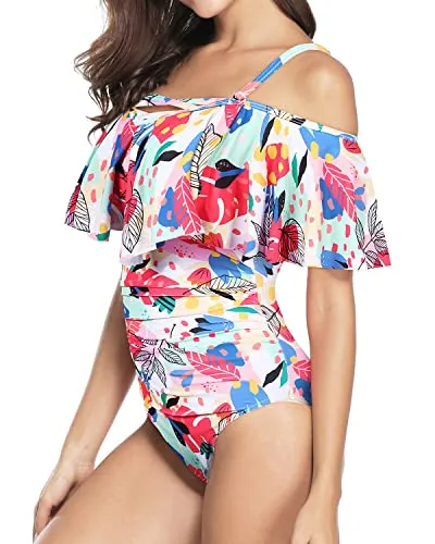 Removable Spaghetti Shoulder Strap Swimsuits Cute Bathing Suits For Women-Colorful Leaves