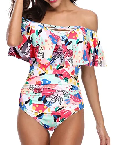 Removable Spaghetti Shoulder Strap Swimsuits Cute Bathing Suits For Women-Colorful Leaves