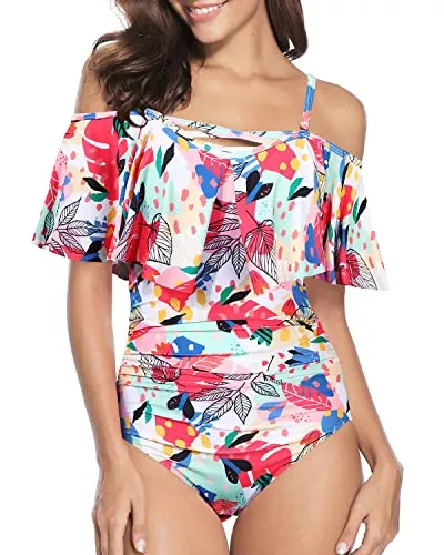 Removable Spaghetti Shoulder Strap Swimsuits Cute Bathing Suits For Women-Colorful Leaves
