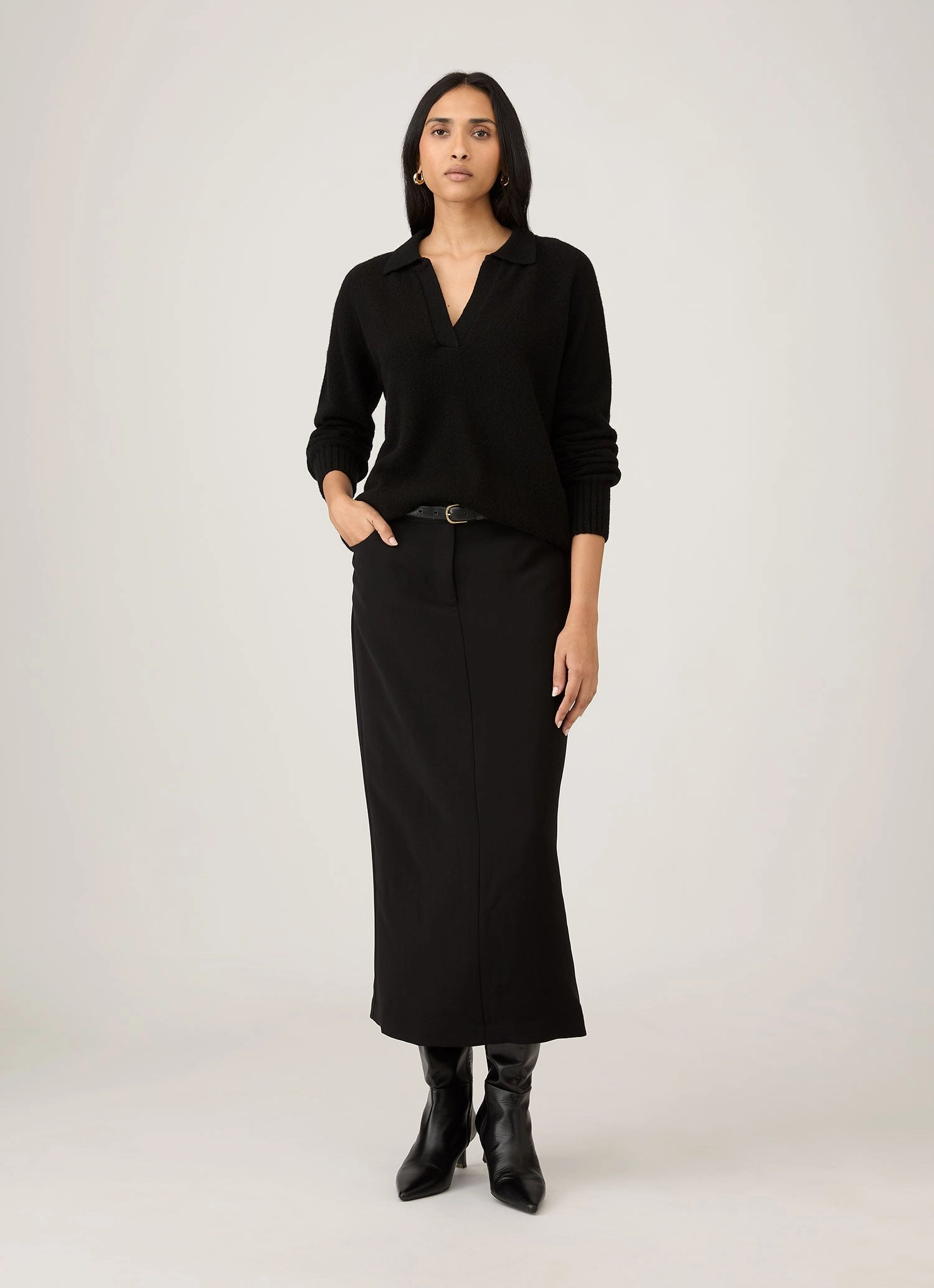 Women's Lambswool Polo Neck Jumper in Black Breathable Lining