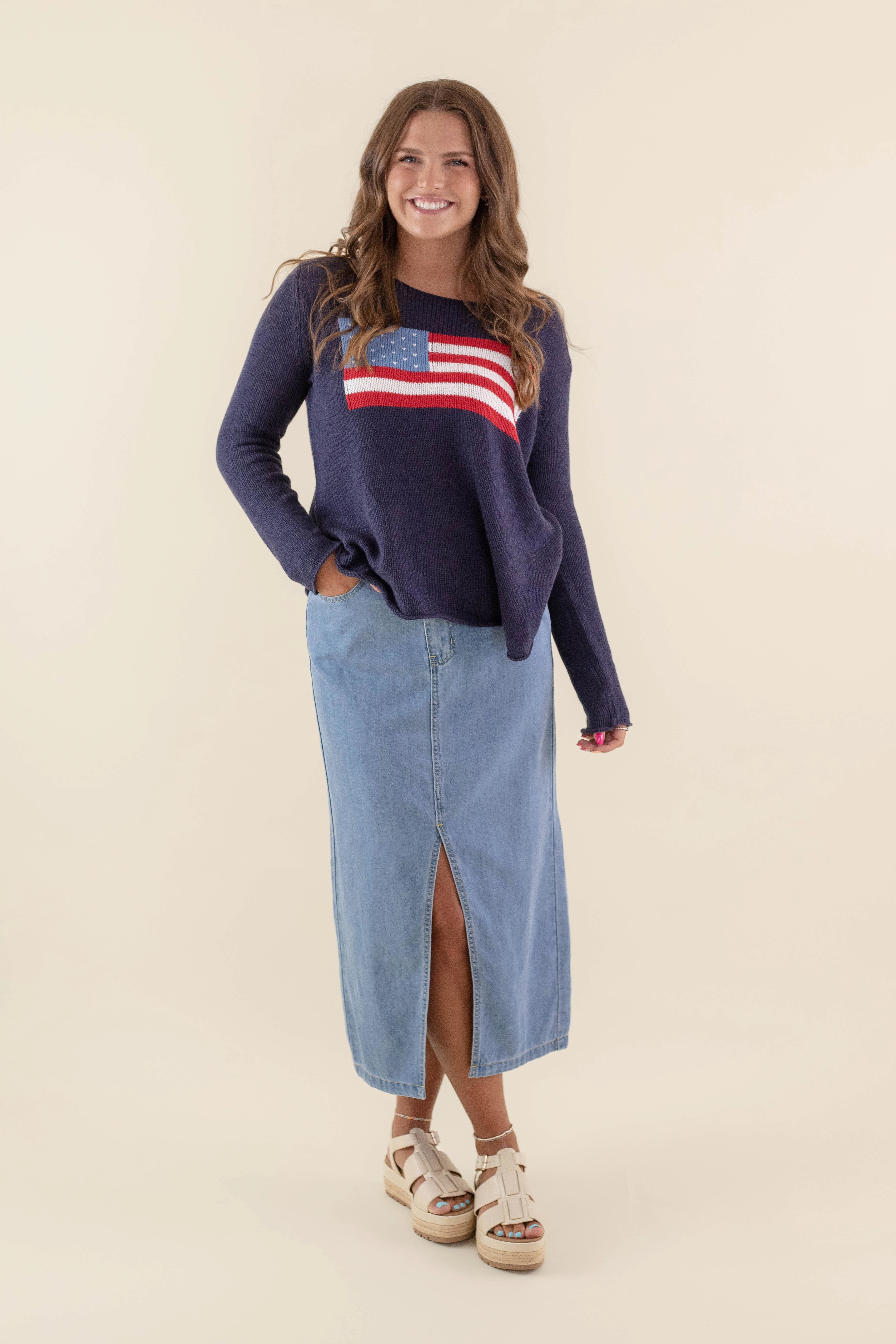 Anti Pilling Treatment Minimalist Aesthetic RESTOCK: Feeling Patriotic Sweater-Navy