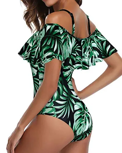 Retro Off Shoulder Ruffled One Piece Swimsuit For Women-Tropical Leaf