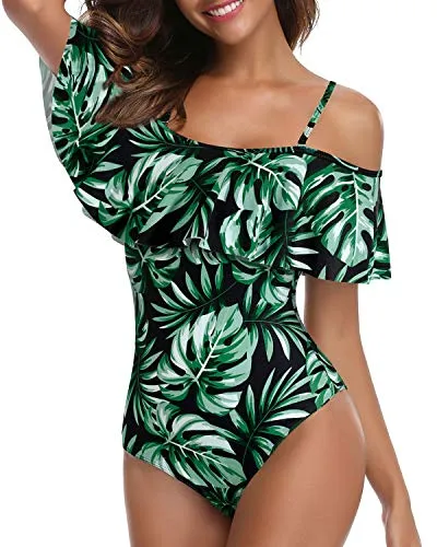 Retro Off Shoulder Ruffled One Piece Swimsuit For Women-Tropical Leaf