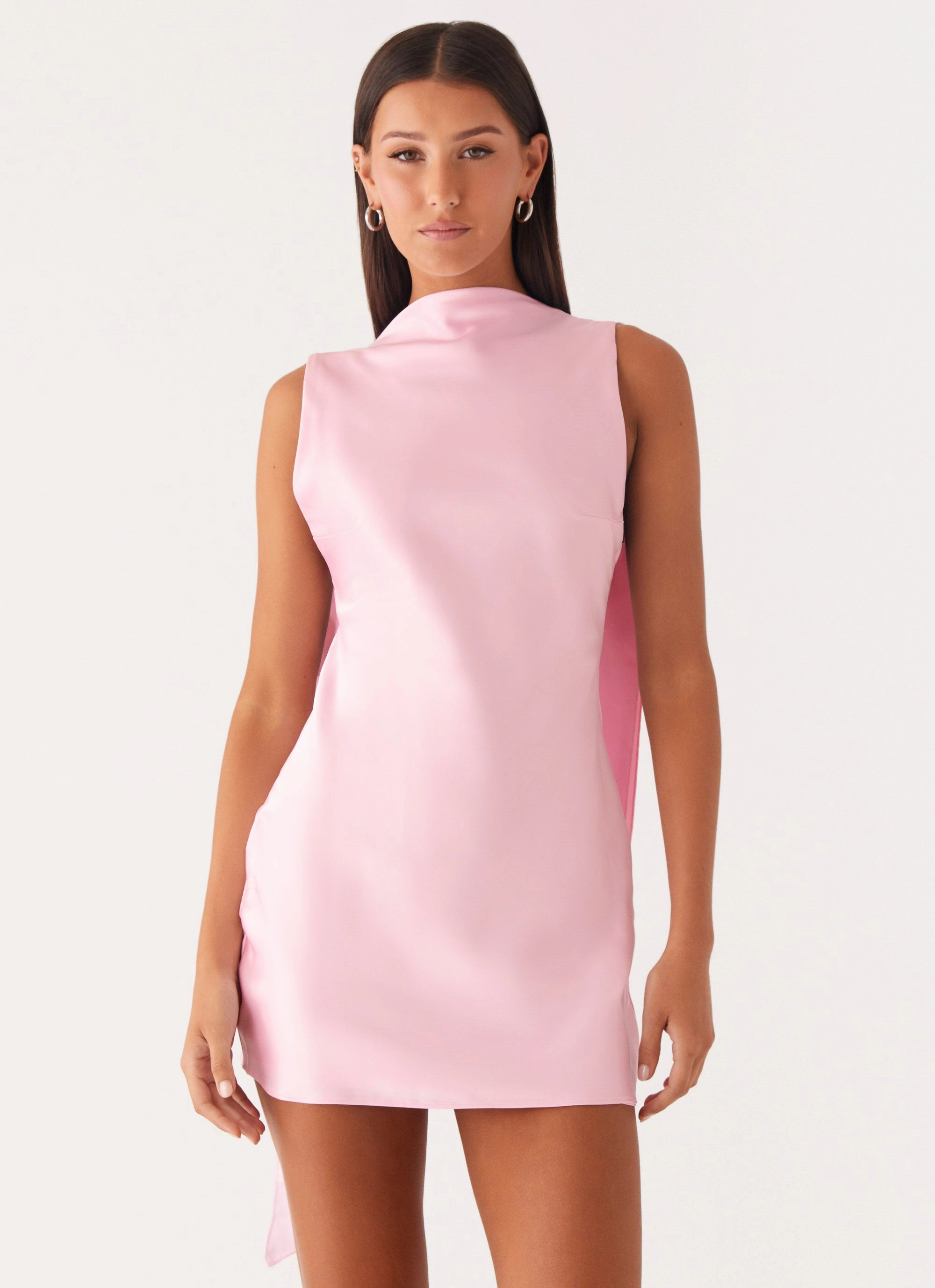 Retro Glam Cerina High Neck Mini Dress - Pink Pleated design