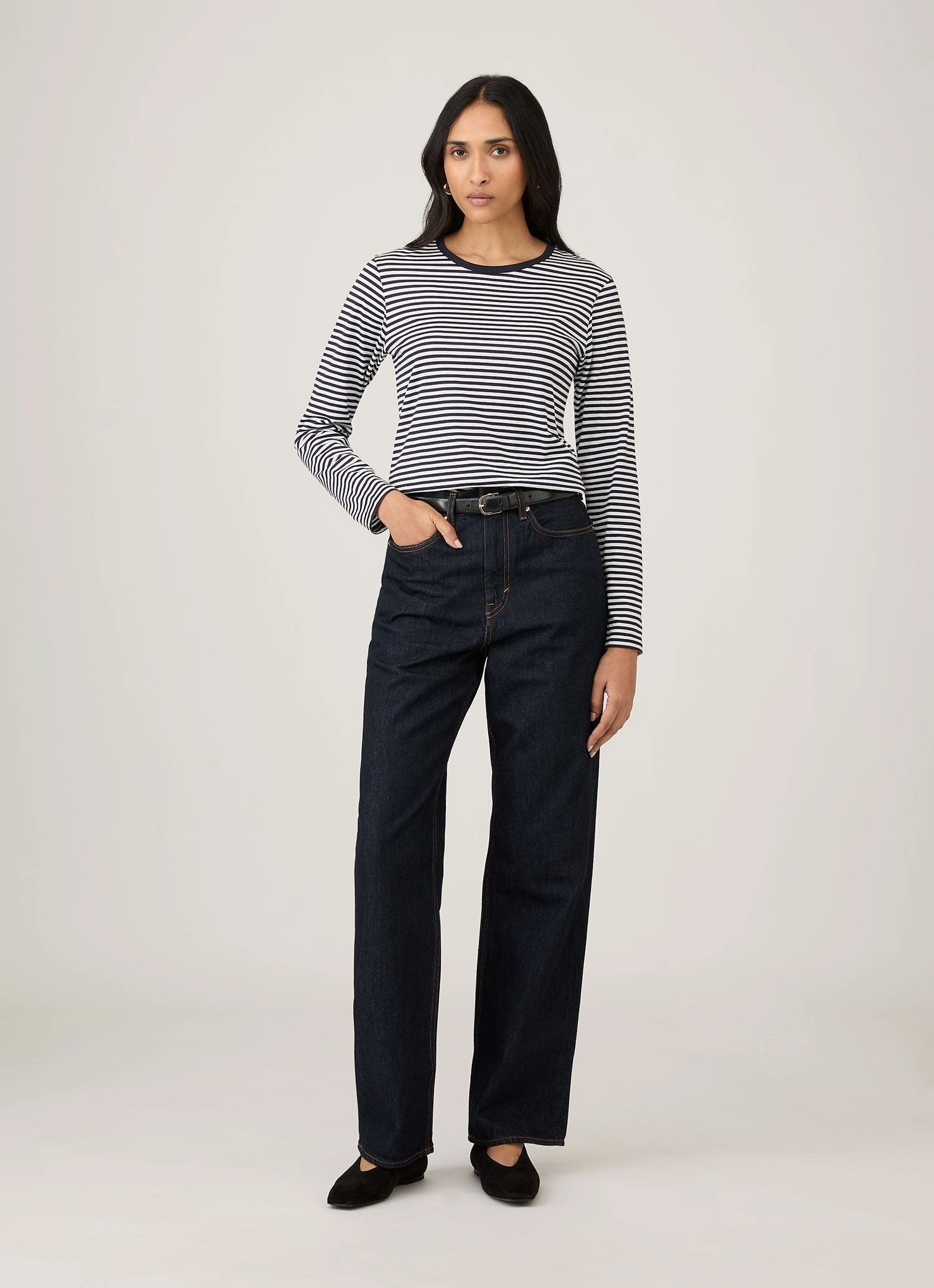 Women's Long Sleeve Classic T-shirt in White/Navy English Stripe Sublimation Resistant Fabric Textured Surface