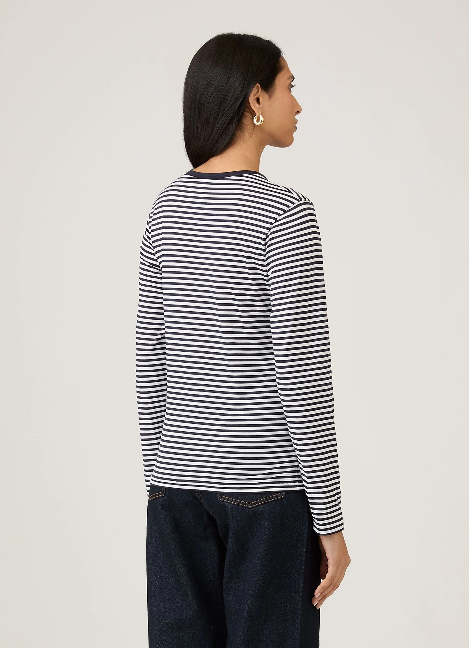 Women's Long Sleeve Classic T-shirt in White/Navy English Stripe Cool Weather Wear Weekend Wear