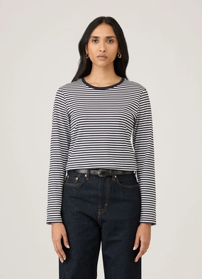 Retro Style Women's Long Sleeve Classic T-shirt in White/Navy English Stripe Comfort Wear Fit Women's Long Sleeve Classic T-shirt in White/Navy English Stripe