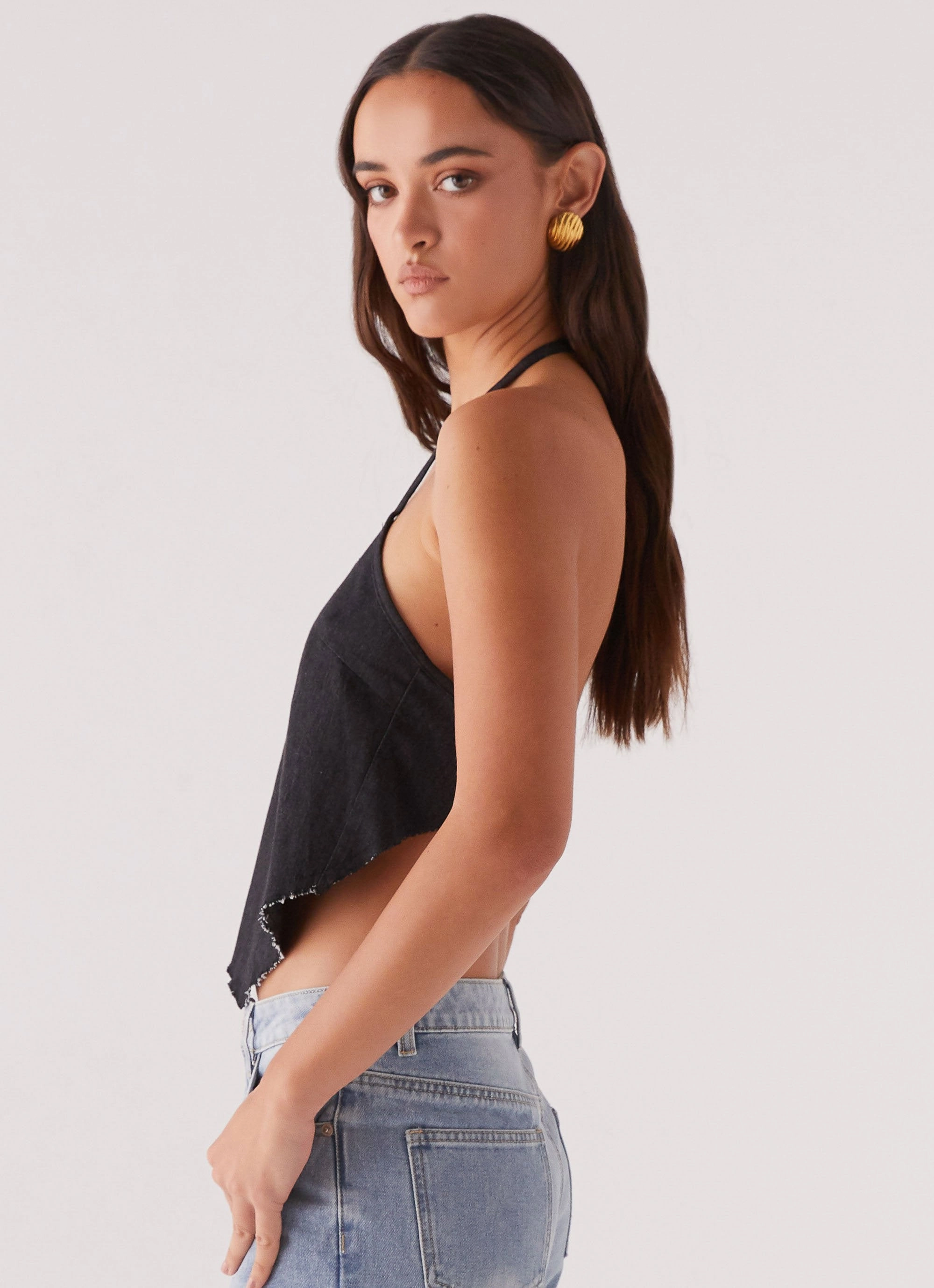 Rexi Halter Denim Top - Washed Black Ribbed Trim Details ContouredPanels