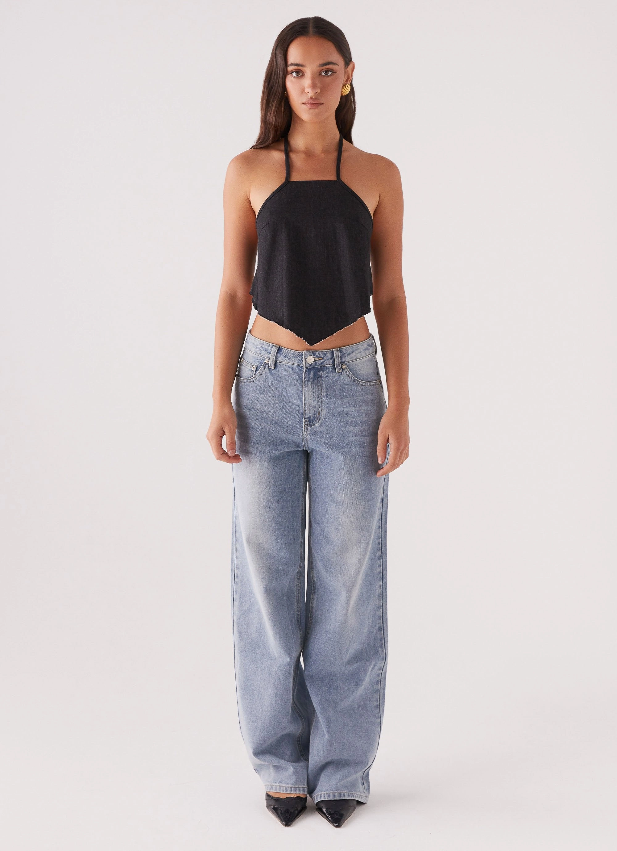 Cool and Breezy Rexi Halter Denim Top - Washed Black