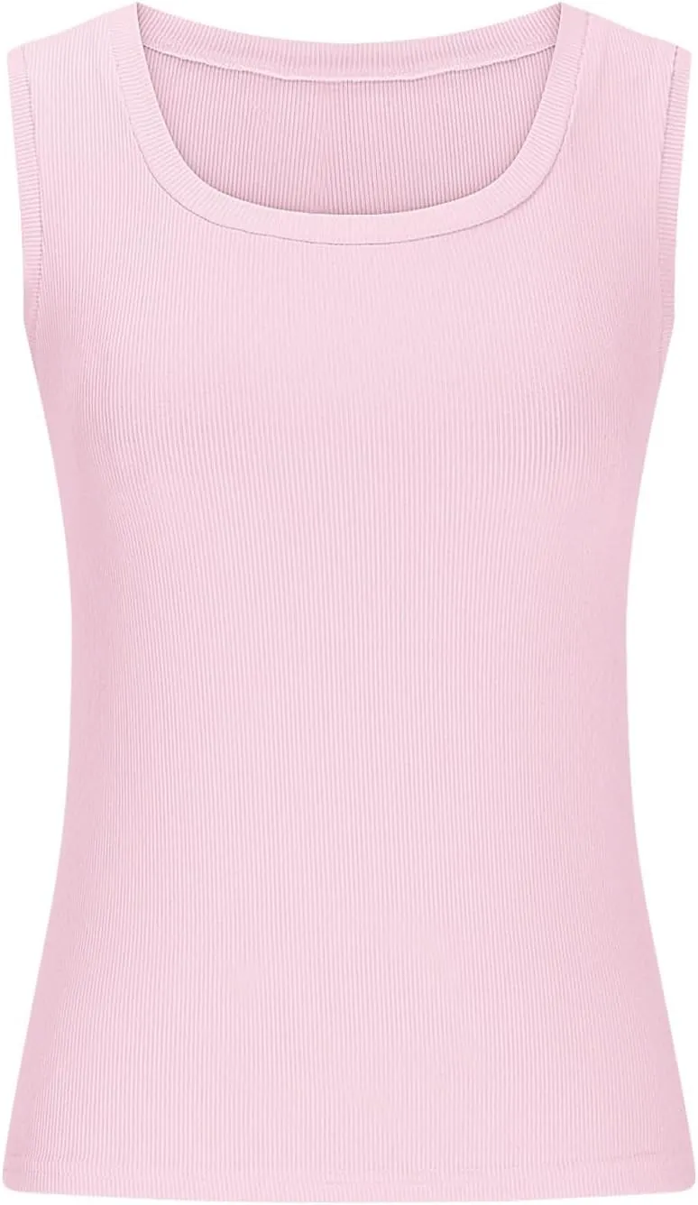 Ribbed Knit Tank Tops for Women Summer Scoop Neck Sleeveless Cropped Shirts Casual Solid Color Workout Slim Blouse