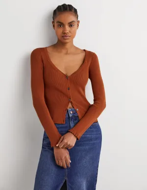 Ribbed Sweetheart Cardigan-Rust