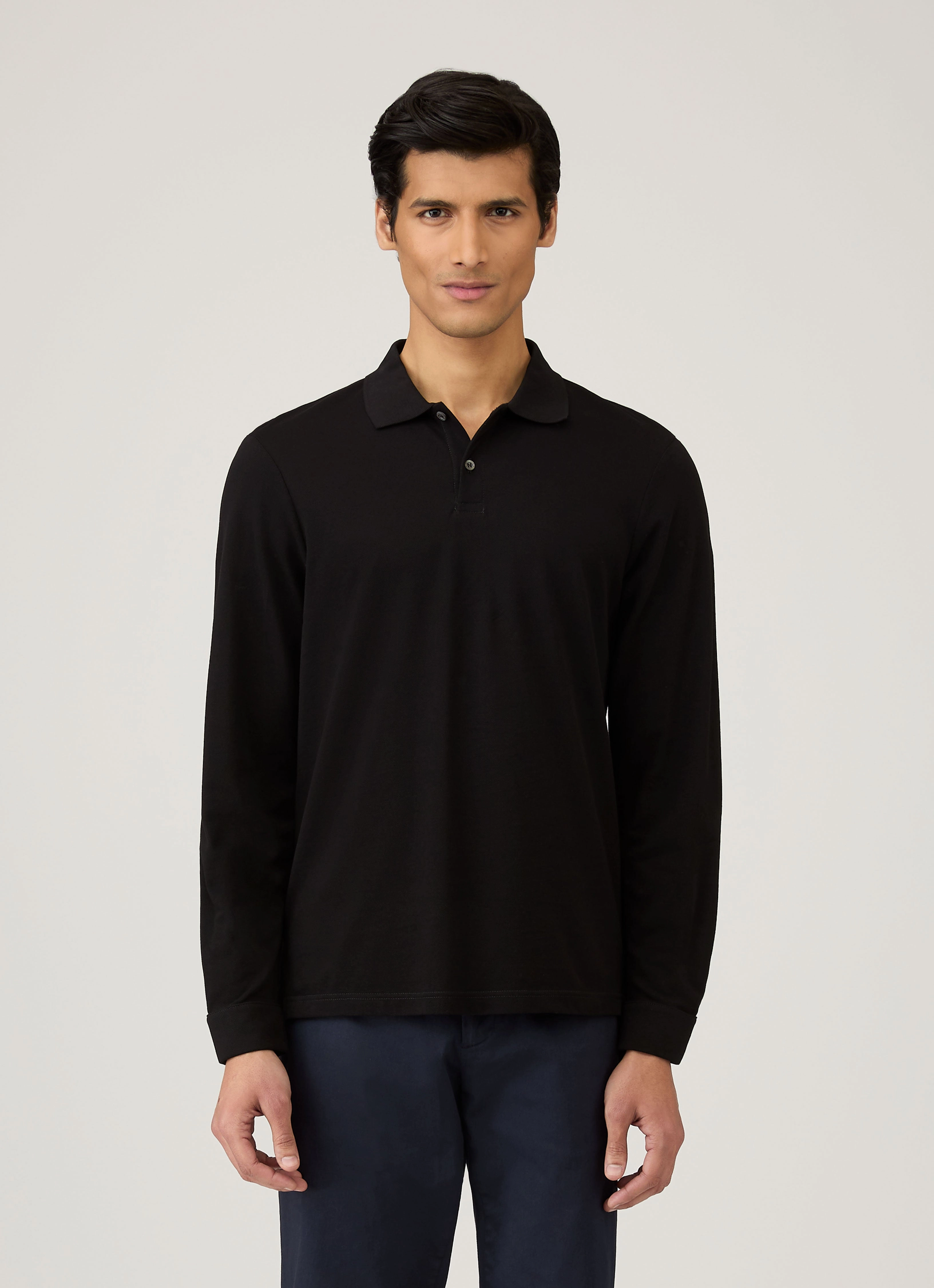 Short Sleeve Layer Friendly Men's Long Sleeve Piqu?? Polo Shirt in Black