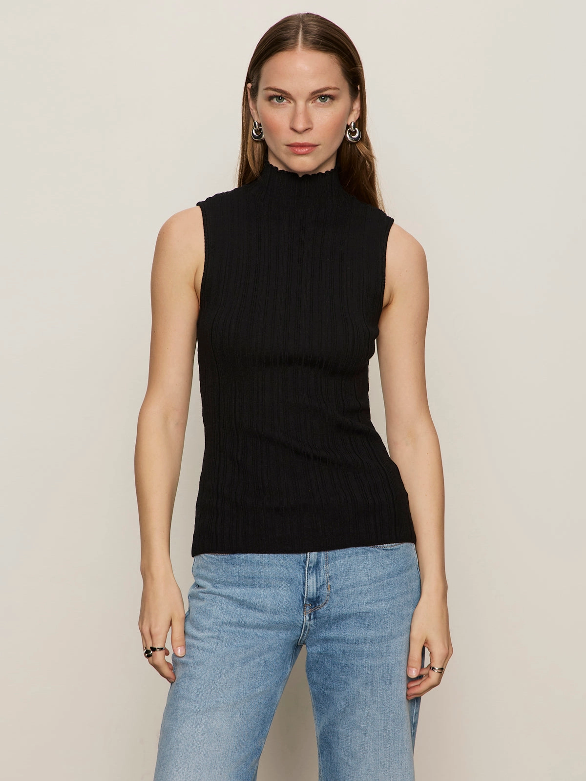 Layered Knit Structure FadeResistant Yarn Ribbed Funnel Neck Top Black