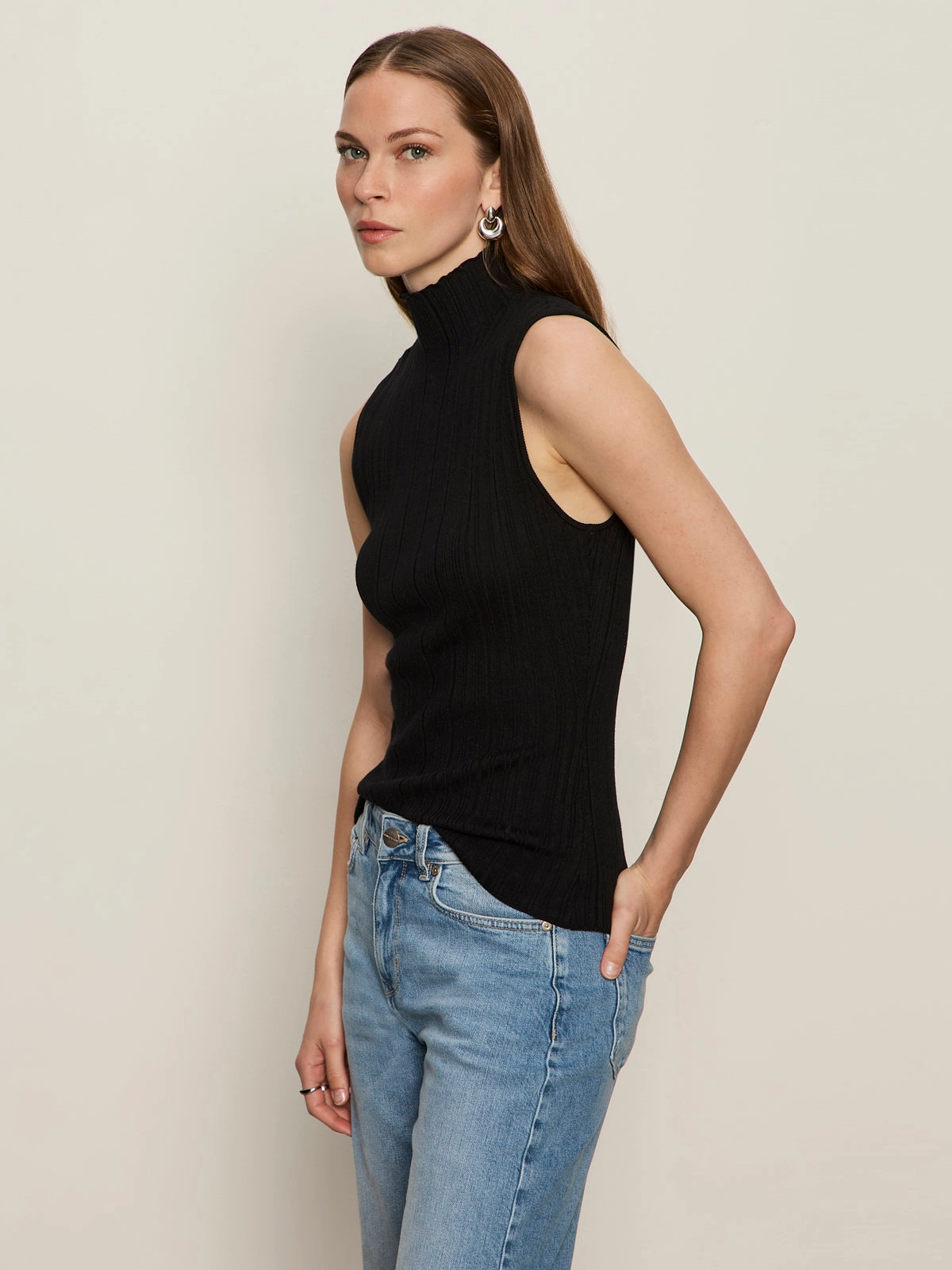 Classic Casual Stay Cozy Ribbed Funnel Neck Top Black
