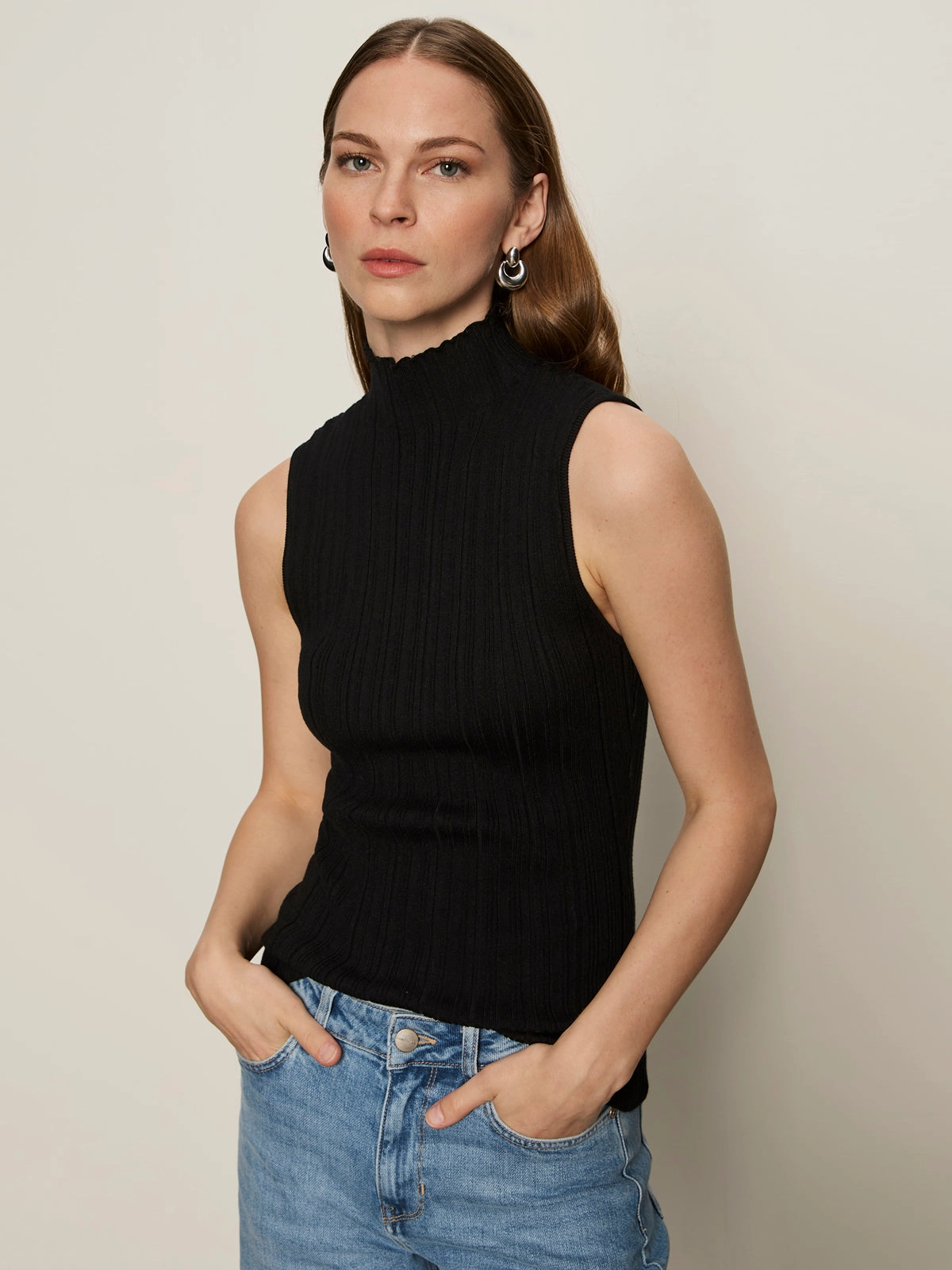 Ventilated Mesh Panel Ribbed Funnel Neck Top Black