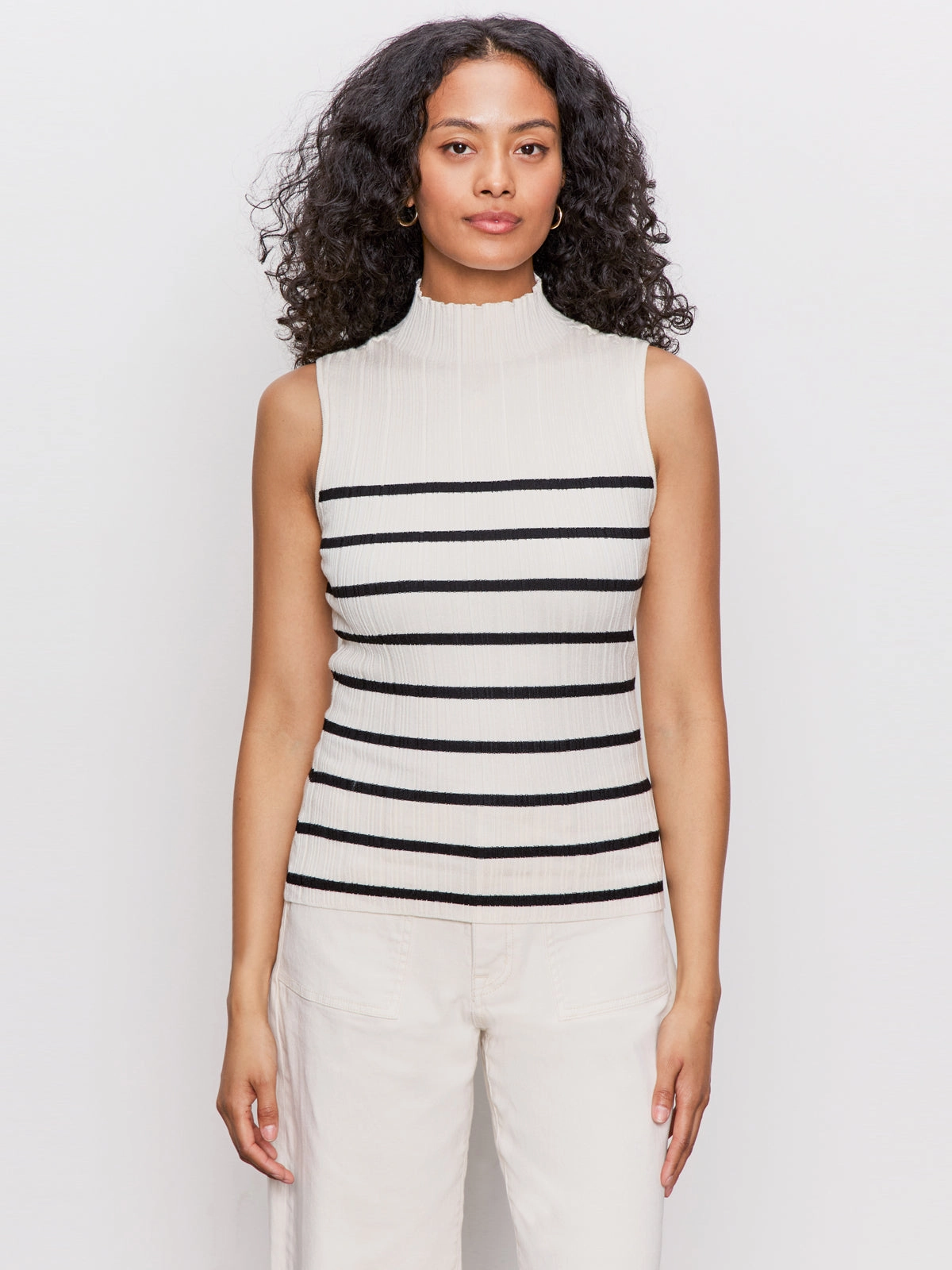 Ribbed Funnel Neck Top Light Oat/Black Layered Ventilation Design Fall Walk