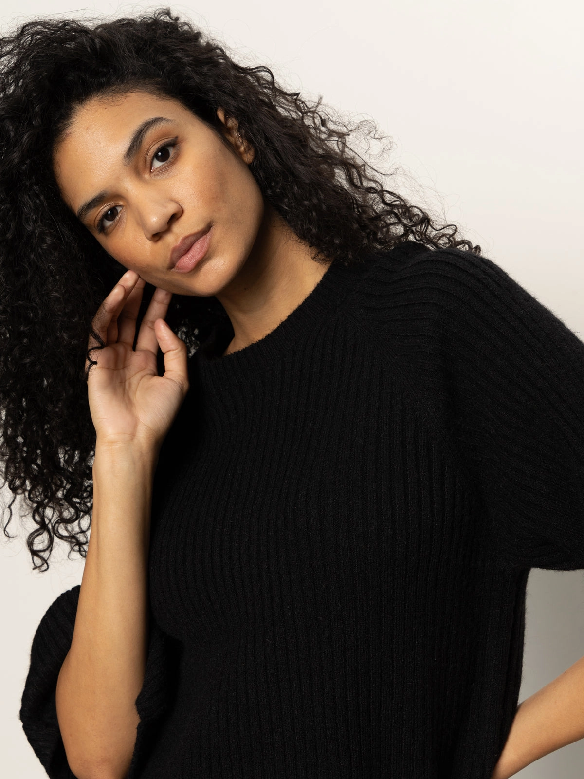Ribbed Sweater Tee Black Loop Back Finish Chunky Cable Knit