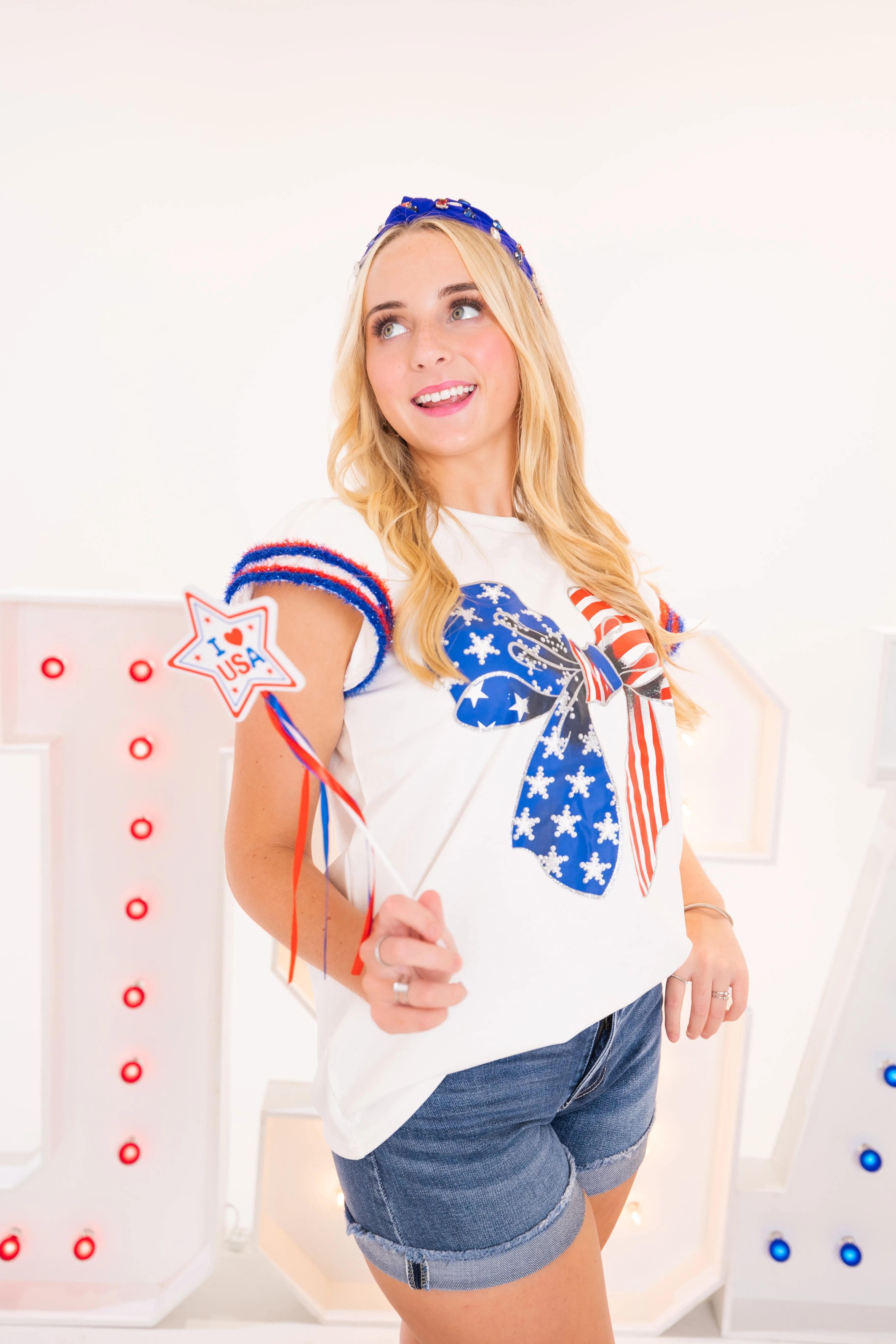Ribbon Print Shoulder Ruffle Top by Fantastic Fawn