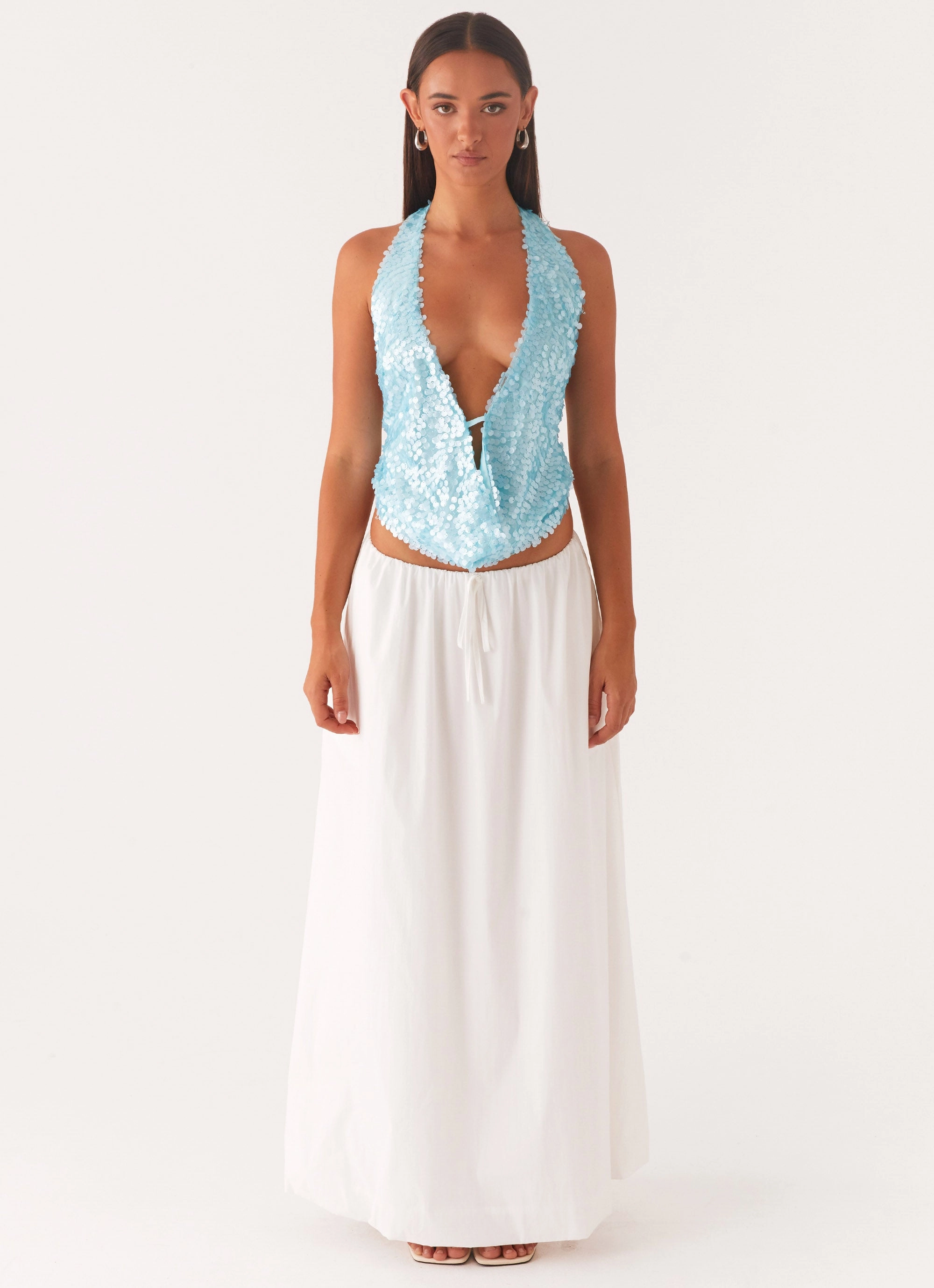 CollapsibleFrame WeightedHem Rio Dreams Cowl Neck Halter Top - Turquoise