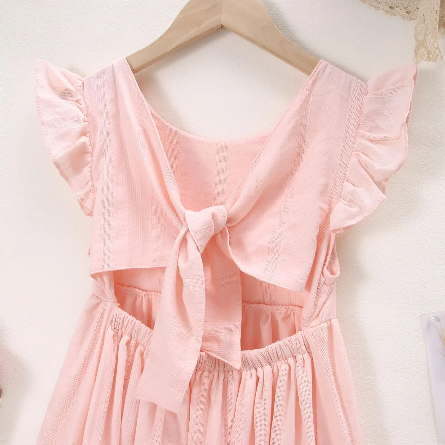 Ritatte Girls Summer Cotton Dress Ruffle Sleeveless Bowknot Tie Back Sundress Solid Casual Backless A-Line Swing Midi Dresses