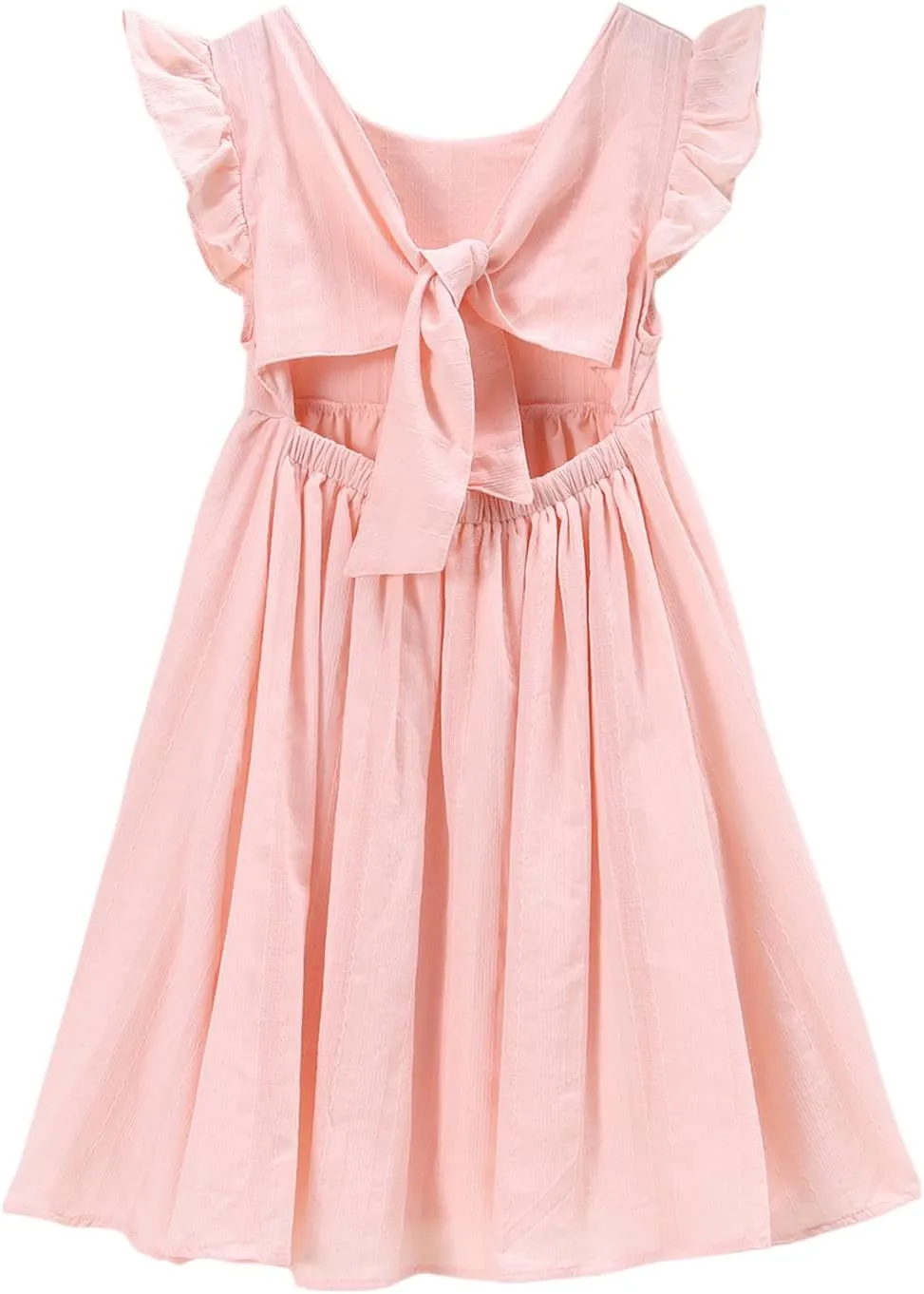 Ritatte Girls Summer Cotton Dress Ruffle Sleeveless Bowknot Tie Back Sundress Solid Casual Backless A-Line Swing Midi Dresses